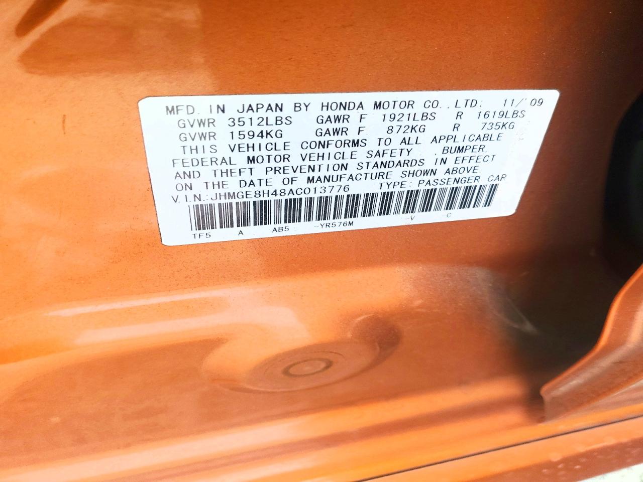 2010 Honda Fit Sport Оранжевый vin: JHMGE8H48AC013776