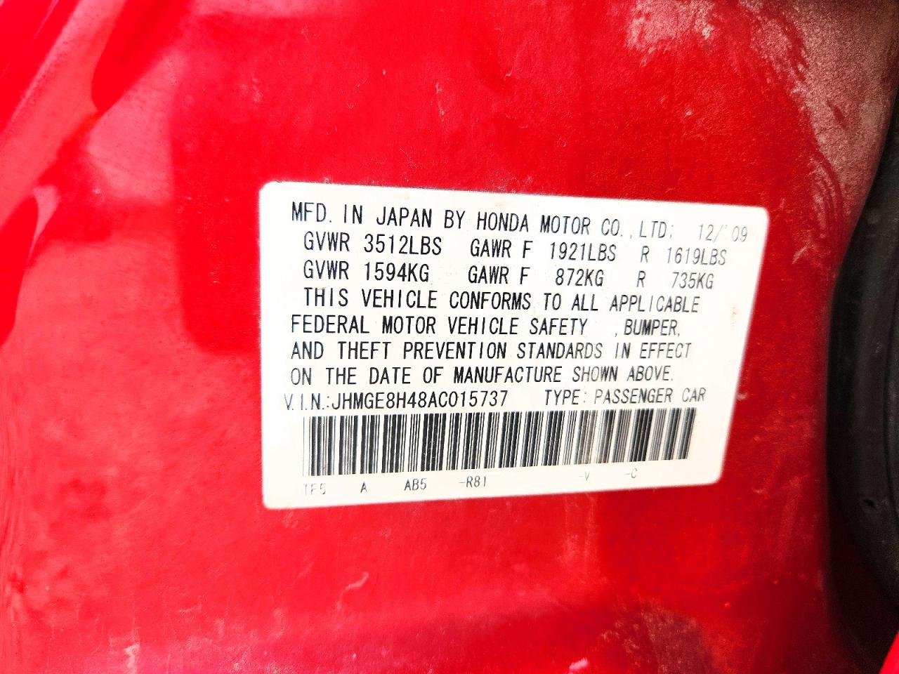 2010 Honda Fit Sport Red vin: JHMGE8H48AC015737