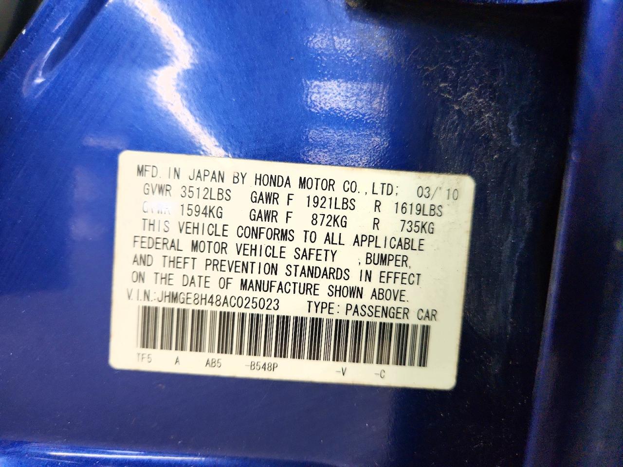2010 Honda Fit Sport Blue vin: JHMGE8H48AC025023