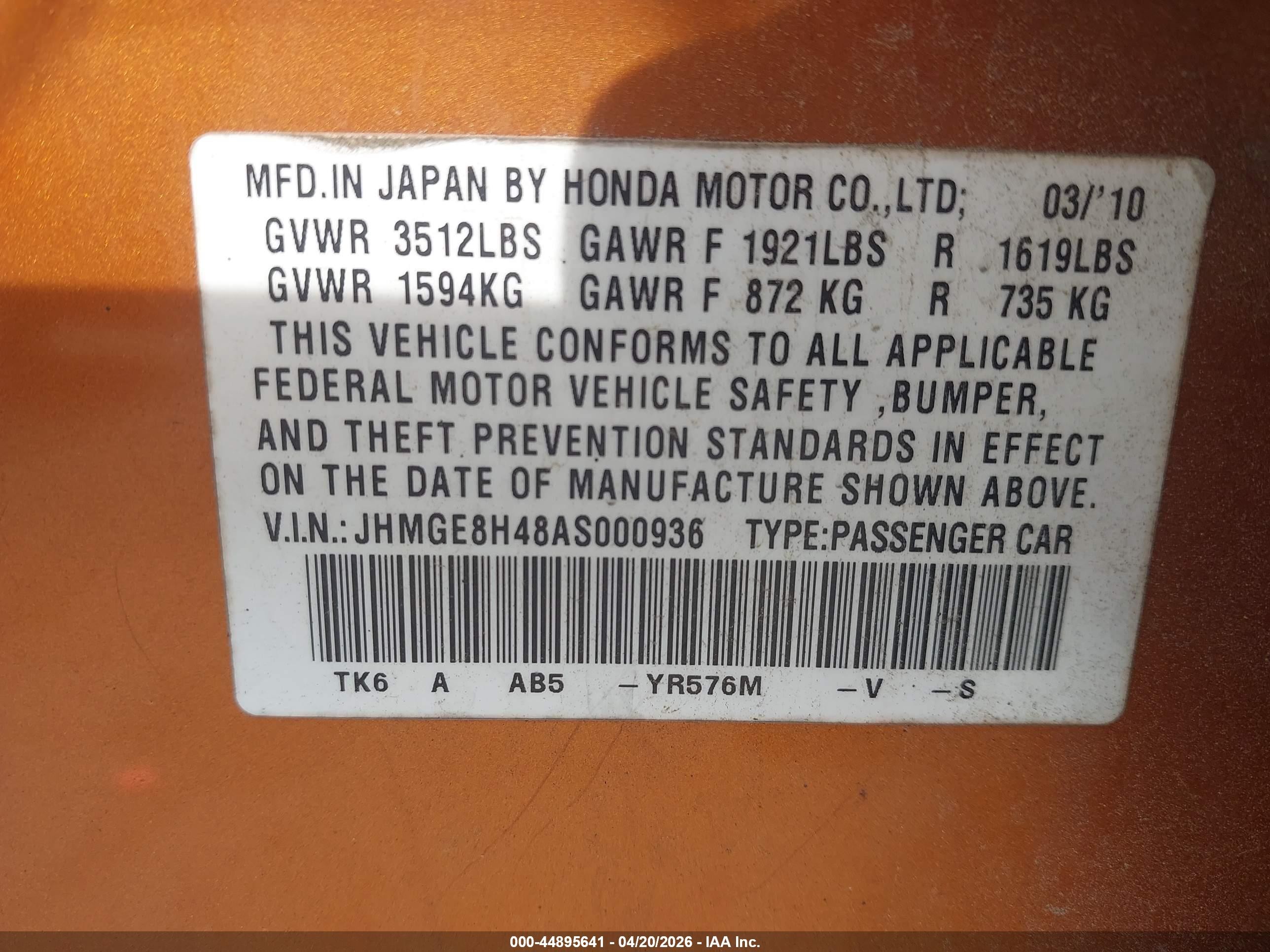 2010 Honda Fit Sport Orange vin: JHMGE8H48AS000936