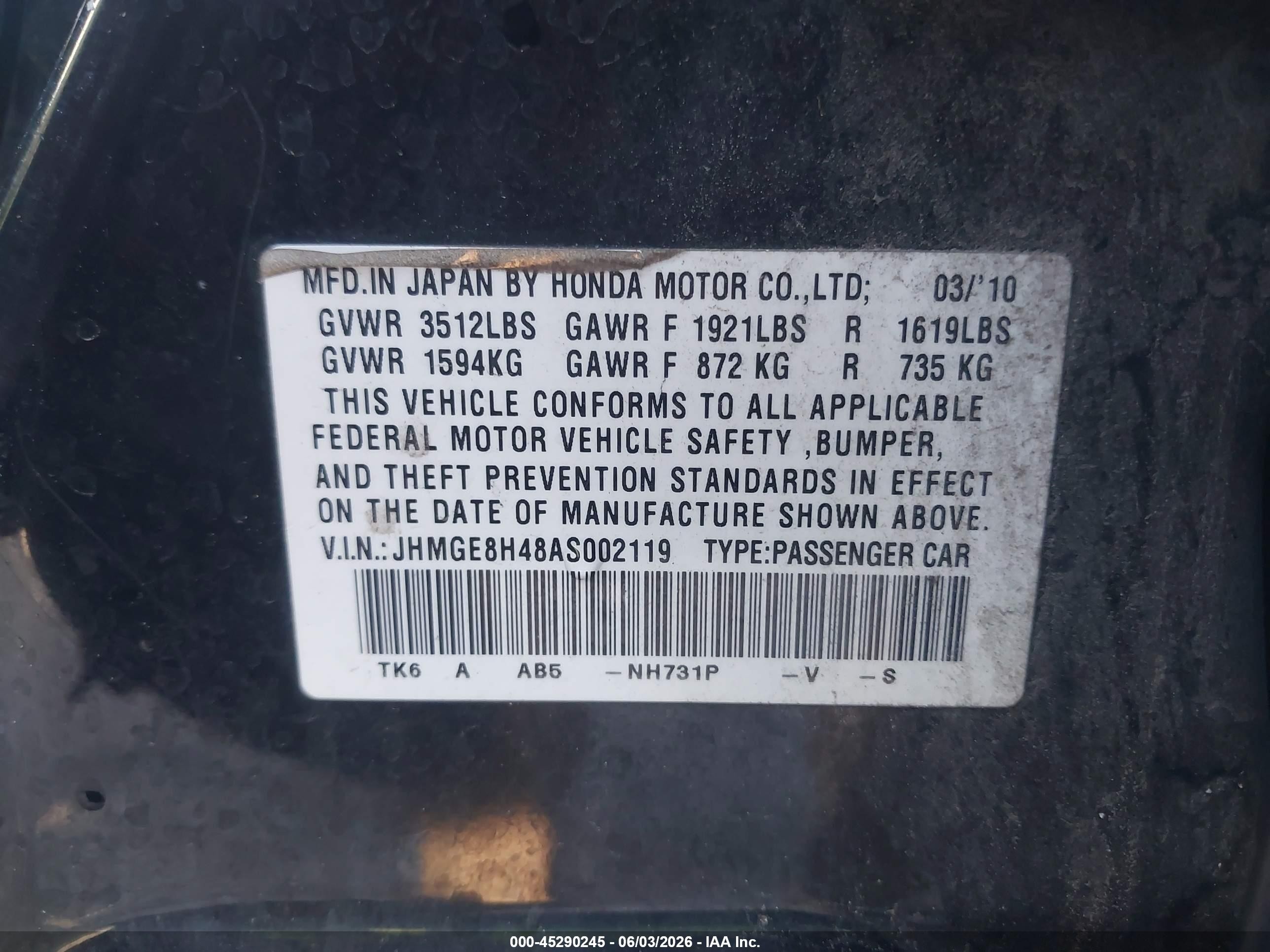 2010 Honda Fit Sport Черный vin: JHMGE8H48AS002119