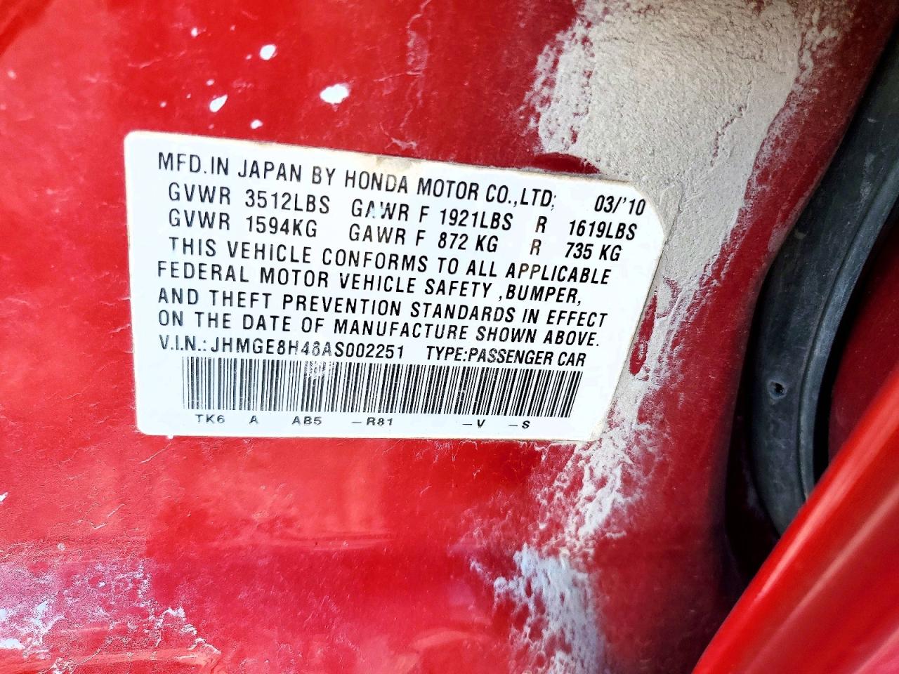 2010 Honda Fit Sport Red vin: JHMGE8H48AS002251