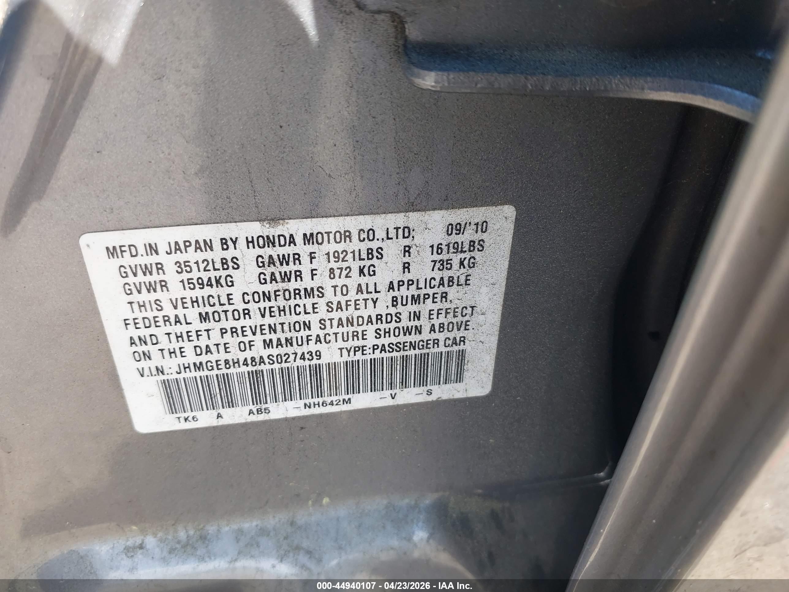 2010 Honda Fit Sport Gray vin: JHMGE8H48AS027439