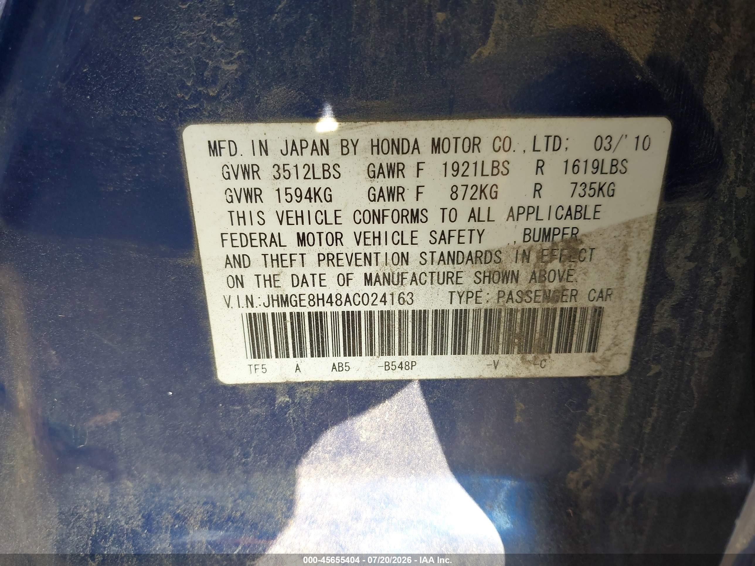 2010 Honda Fit Sport Blue vin: JHMGE8H48AT024163