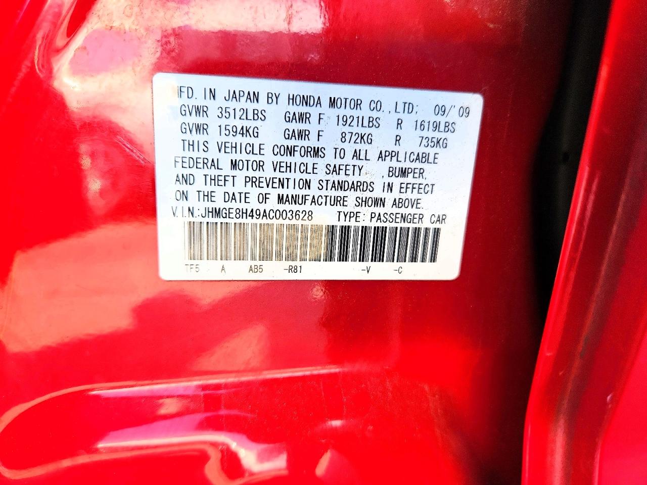 2010 Honda Fit Sport Red vin: JHMGE8H49AC003628