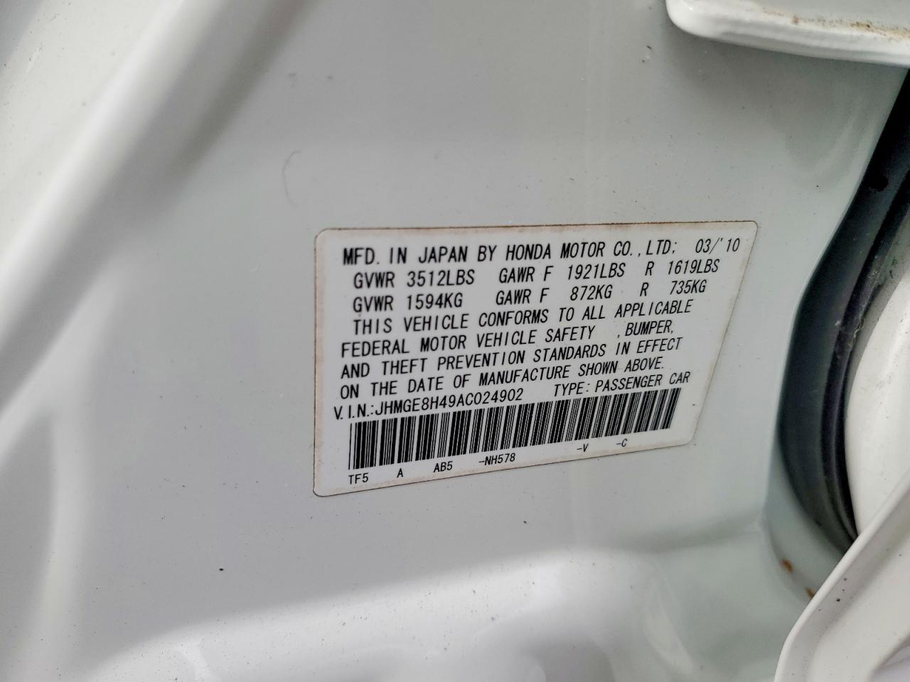 2010 Honda Fit Sport White vin: JHMGE8H49AC024902