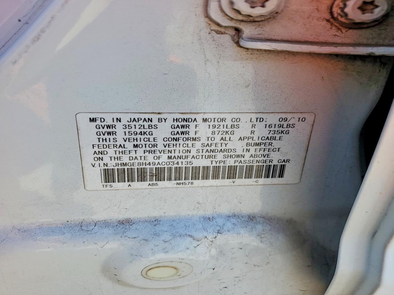 2010 Honda Fit Sport White vin: JHMGE8H49AC034135