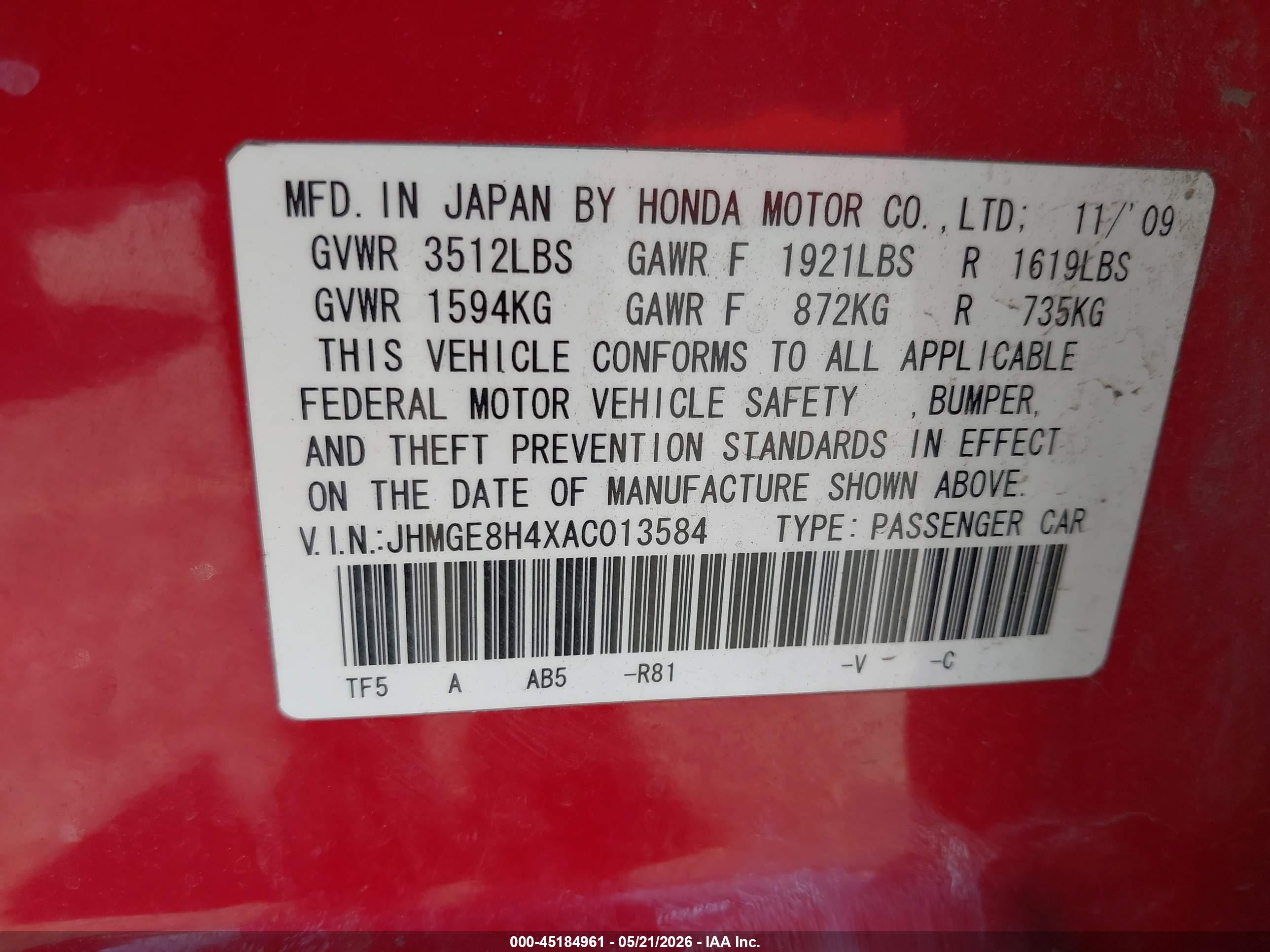 2010 Honda Fit Sport Red vin: JHMGE8H4XAC013584