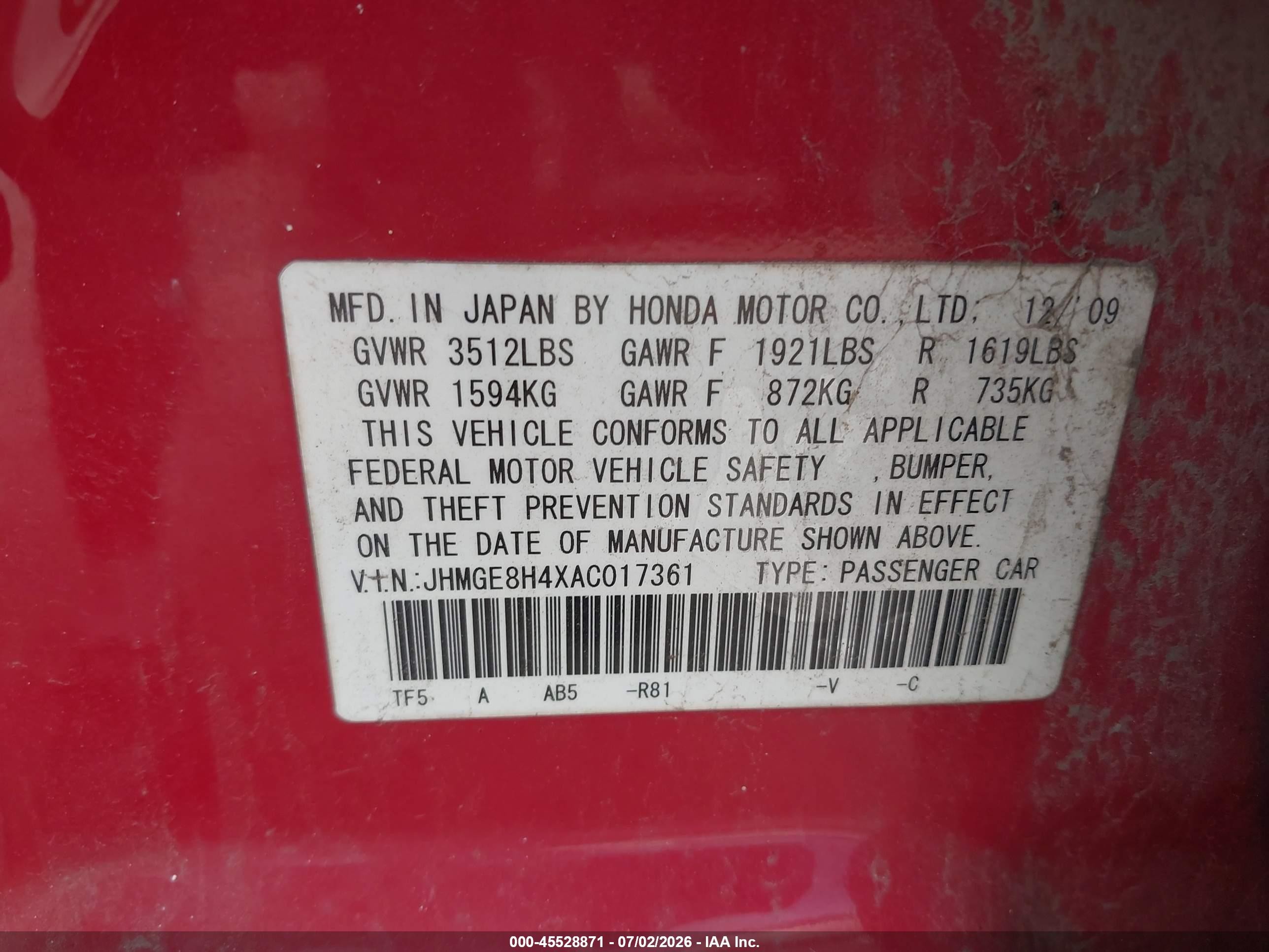 2010 Honda Fit Sport Red vin: JHMGE8H4XAC017361