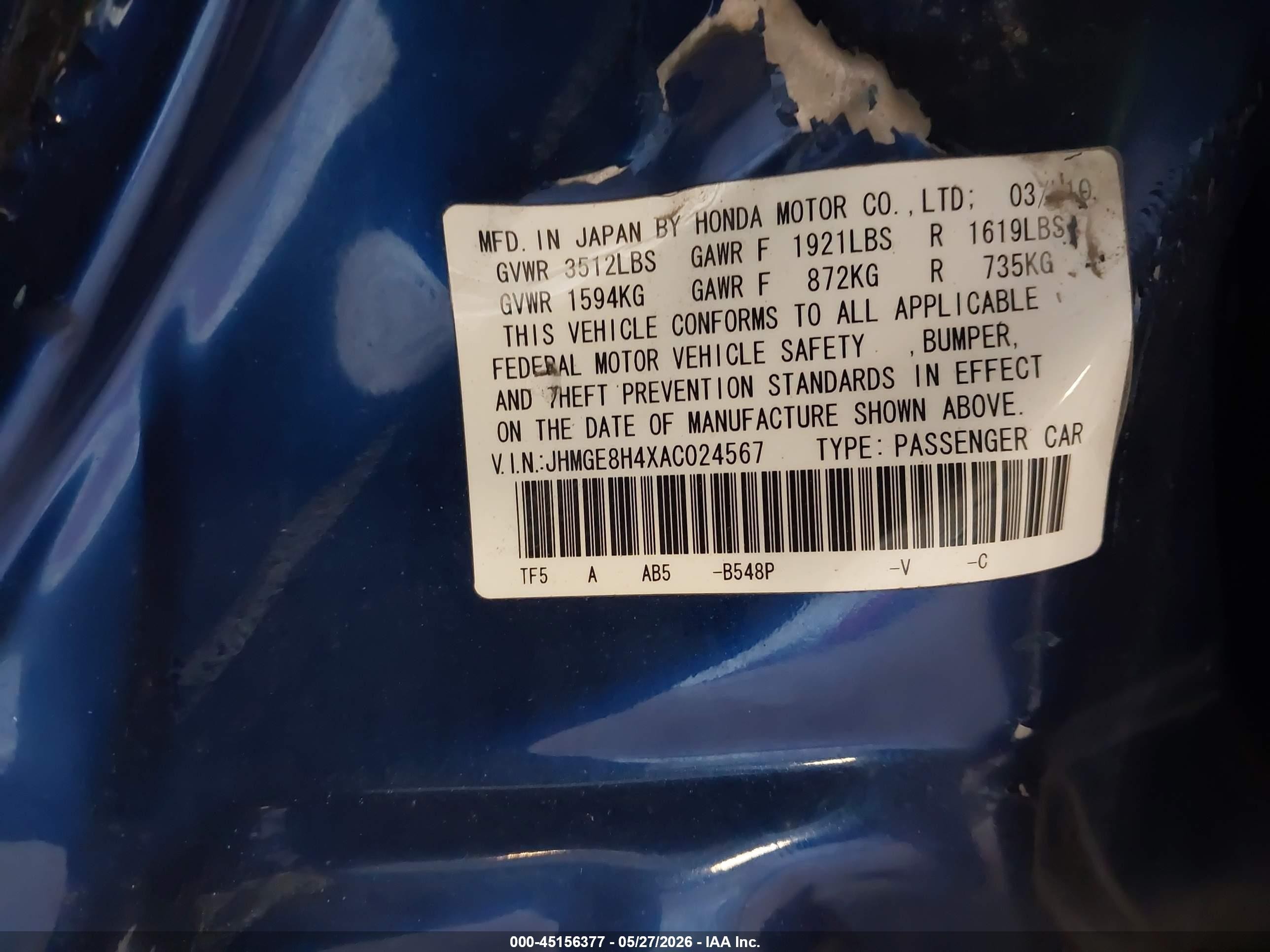 2010 Honda Fit Sport Blue vin: JHMGE8H4XAC024567