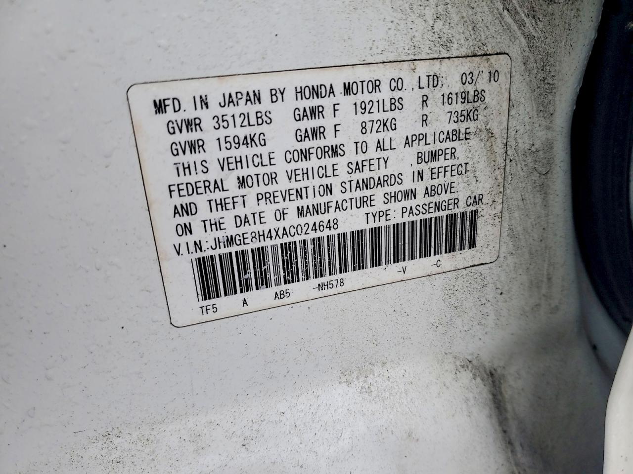 2010 Honda Fit Sport White vin: JHMGE8H4XAC024648