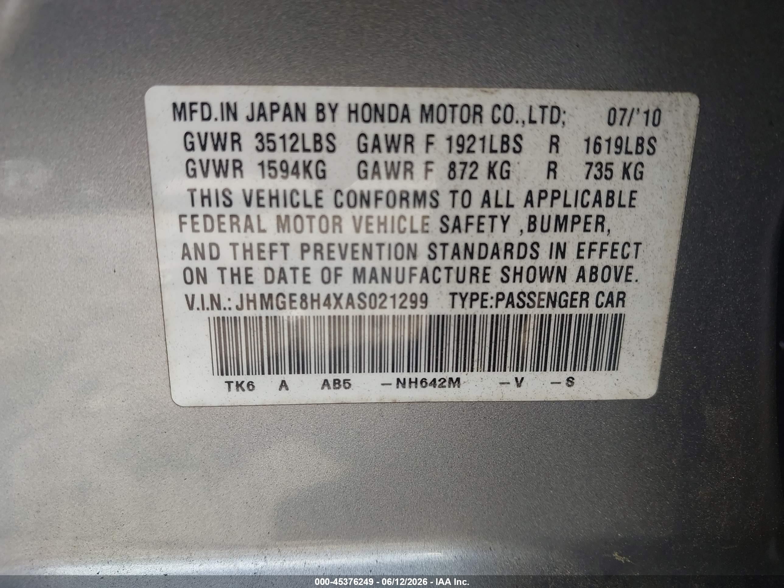 2010 Honda Fit Sport Gray vin: JHMGE8H4XAS021299
