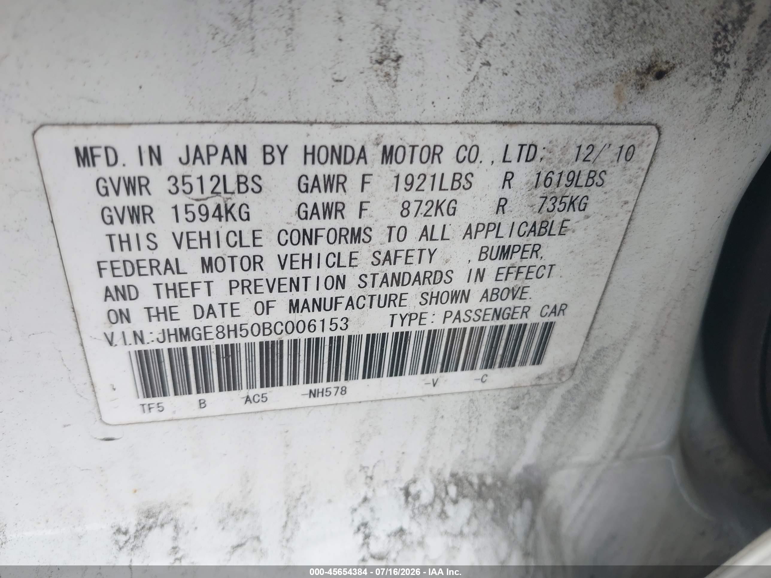 2011 Honda Fit Sport White vin: JHMGE8H50BC006153