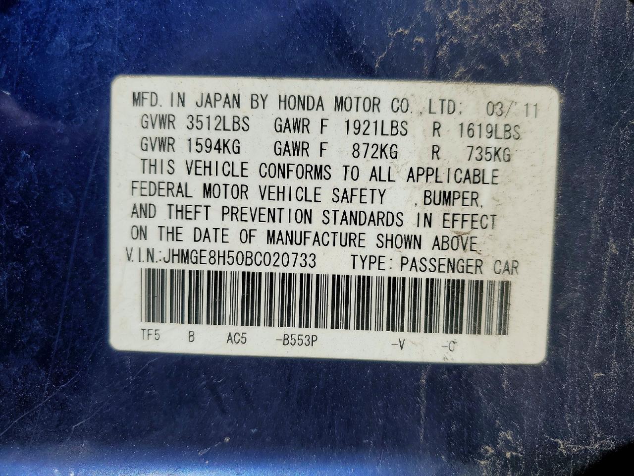 2011 Honda Fit Sport Blue vin: JHMGE8H50BC020733