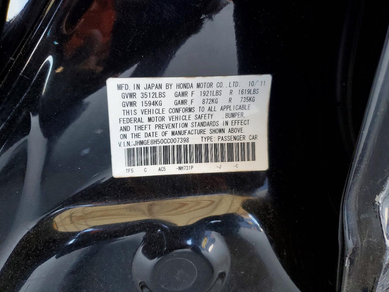 2012 Honda Fit Sport Black vin: JHMGE8H50CC007398