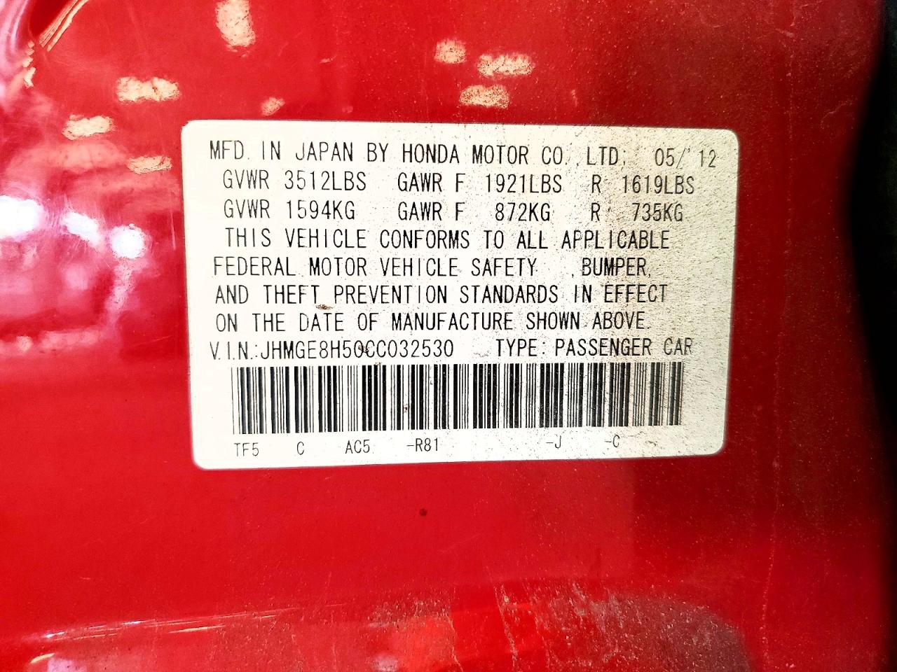 2012 Honda Fit Sport Red vin: JHMGE8H50CC032530