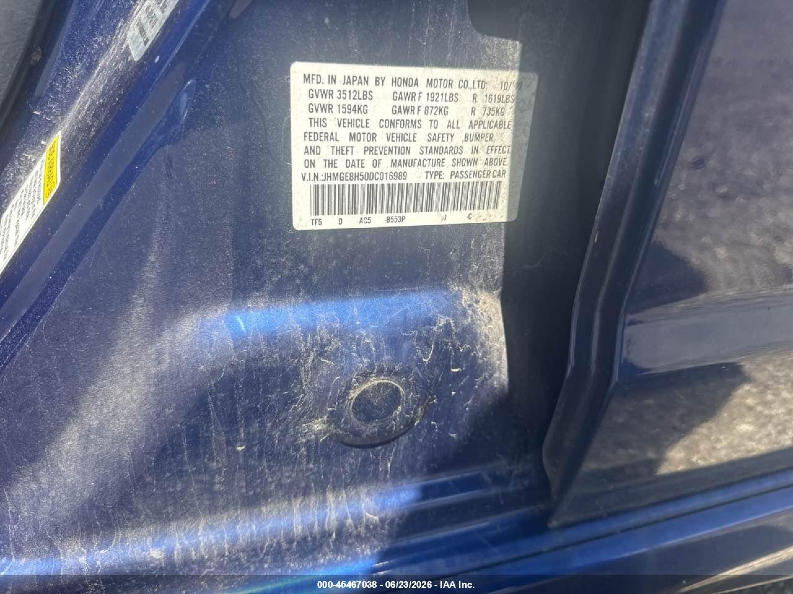 2013 Honda Fit Sport Blue vin: JHMGE8H50DC016989