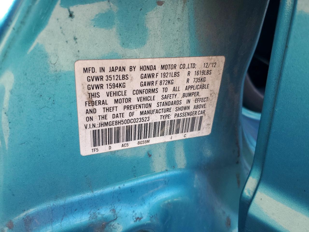 2013 Honda Fit Sport Turquoise vin: JHMGE8H50DC023523