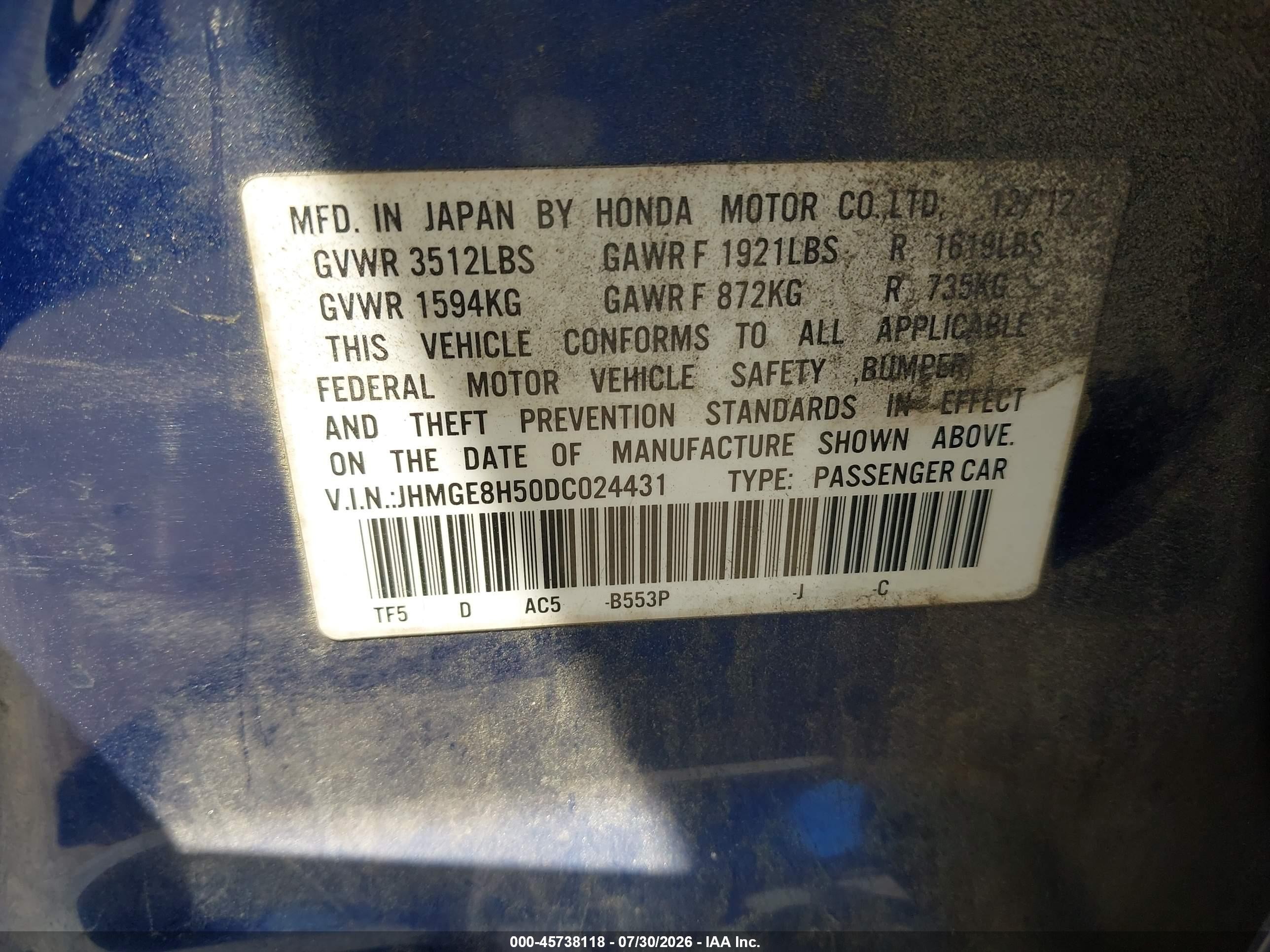 2013 Honda Fit Sport Blue vin: JHMGE8H50DC024431
