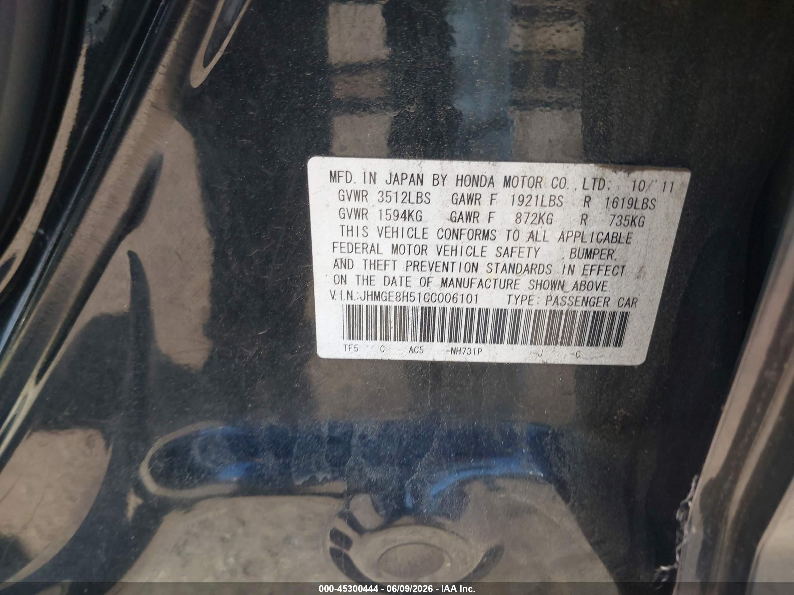 2012 Honda Fit Sport Black vin: JHMGE8H51CC006101