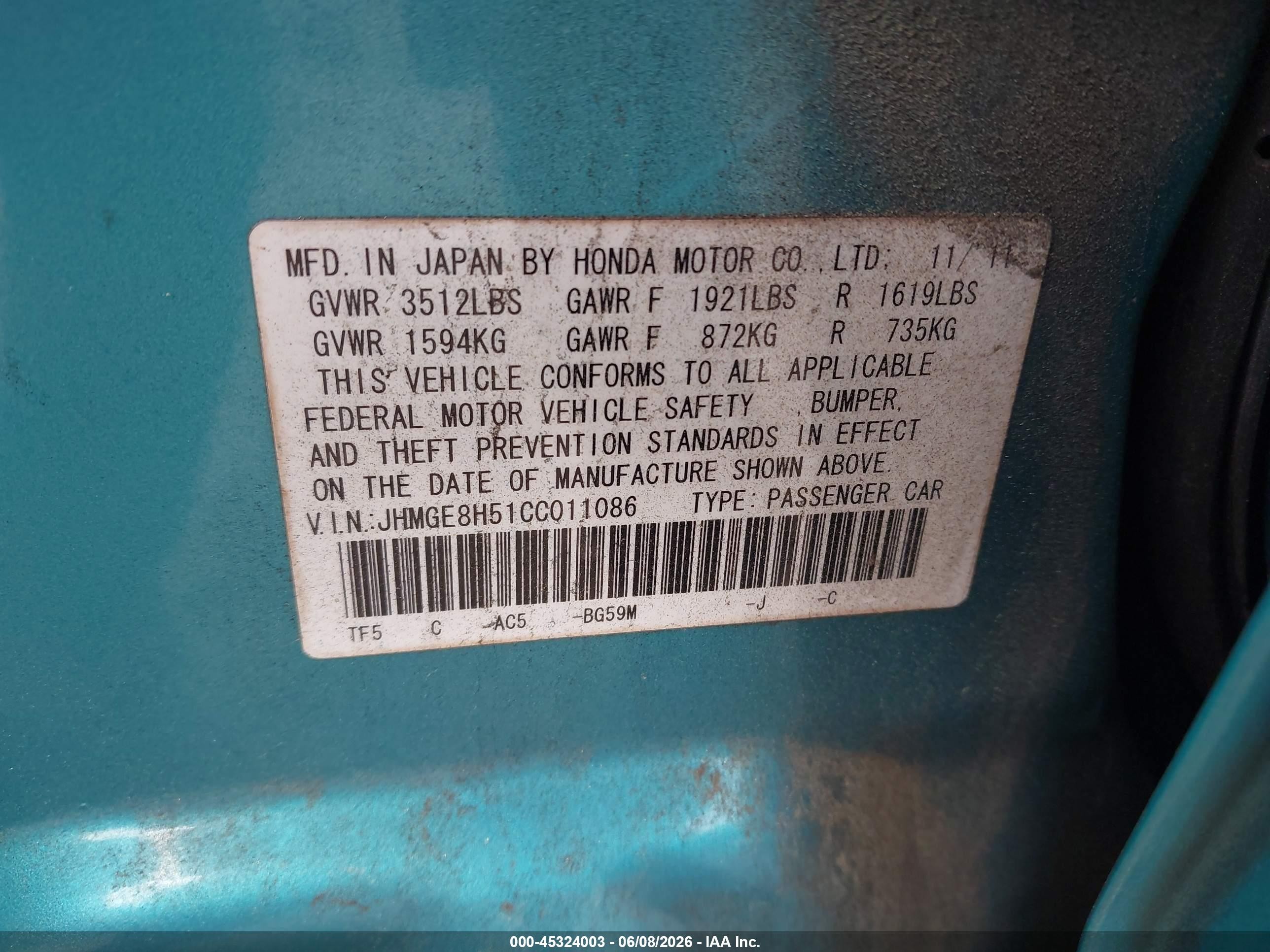 2012 Honda Fit Sport Blue vin: JHMGE8H51CC011086