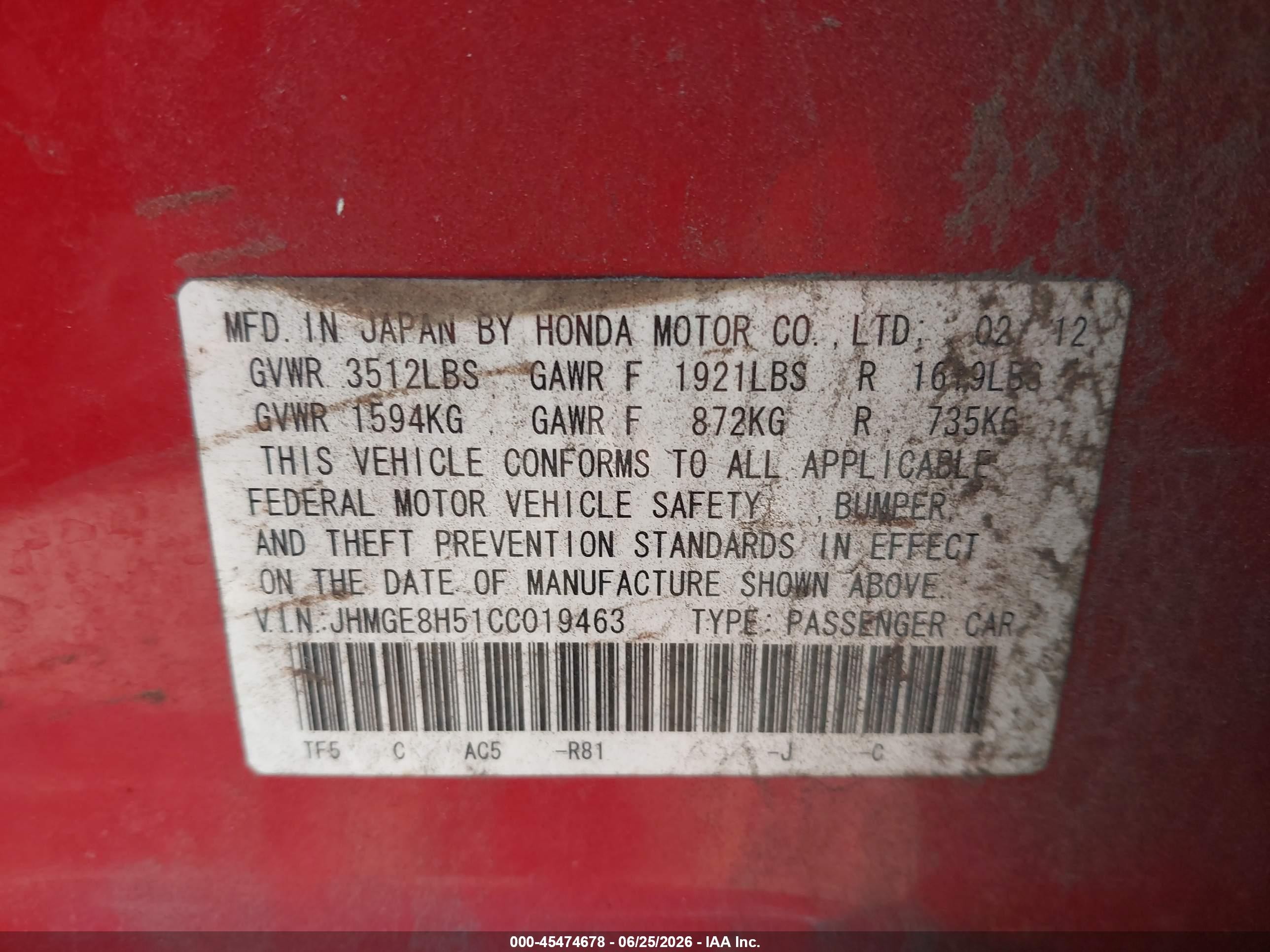 2012 Honda Fit Sport Red vin: JHMGE8H51CC019463