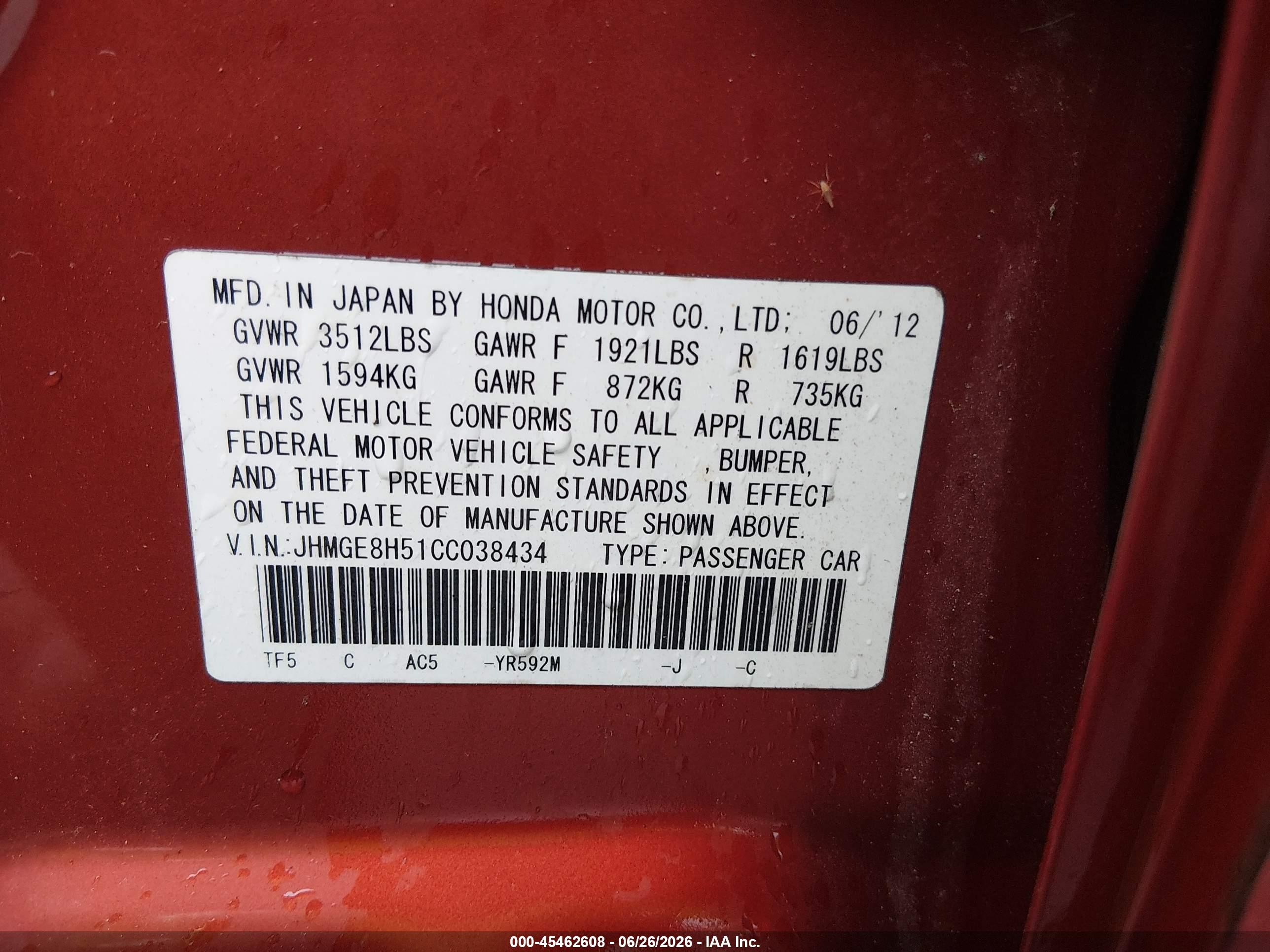 2012 Honda Fit Sport Orange vin: JHMGE8H51CC038434