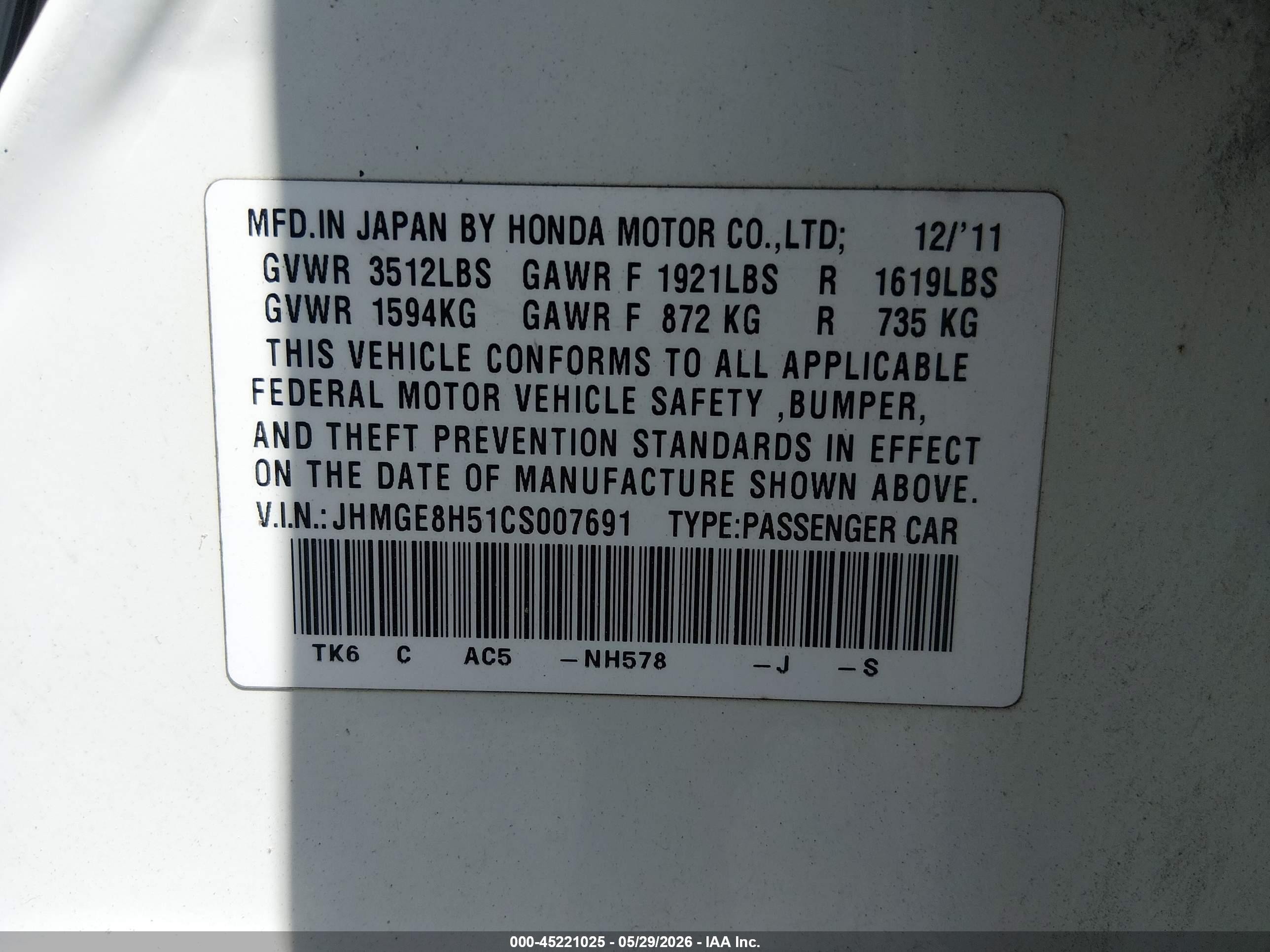 2012 Honda Fit Sport White vin: JHMGE8H51CS007691