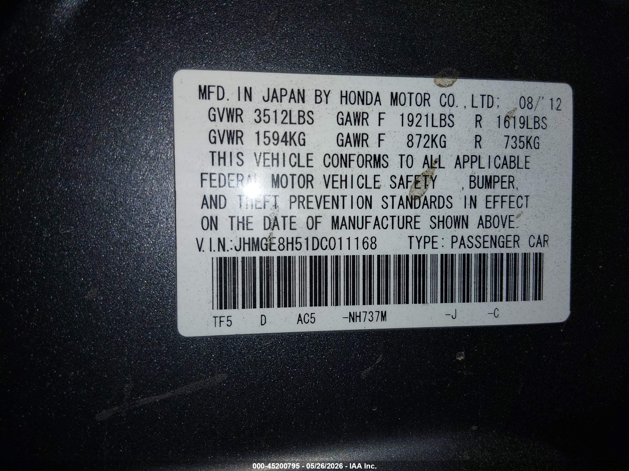 2013 Honda Fit Sport Gray vin: JHMGE8H51DC011168