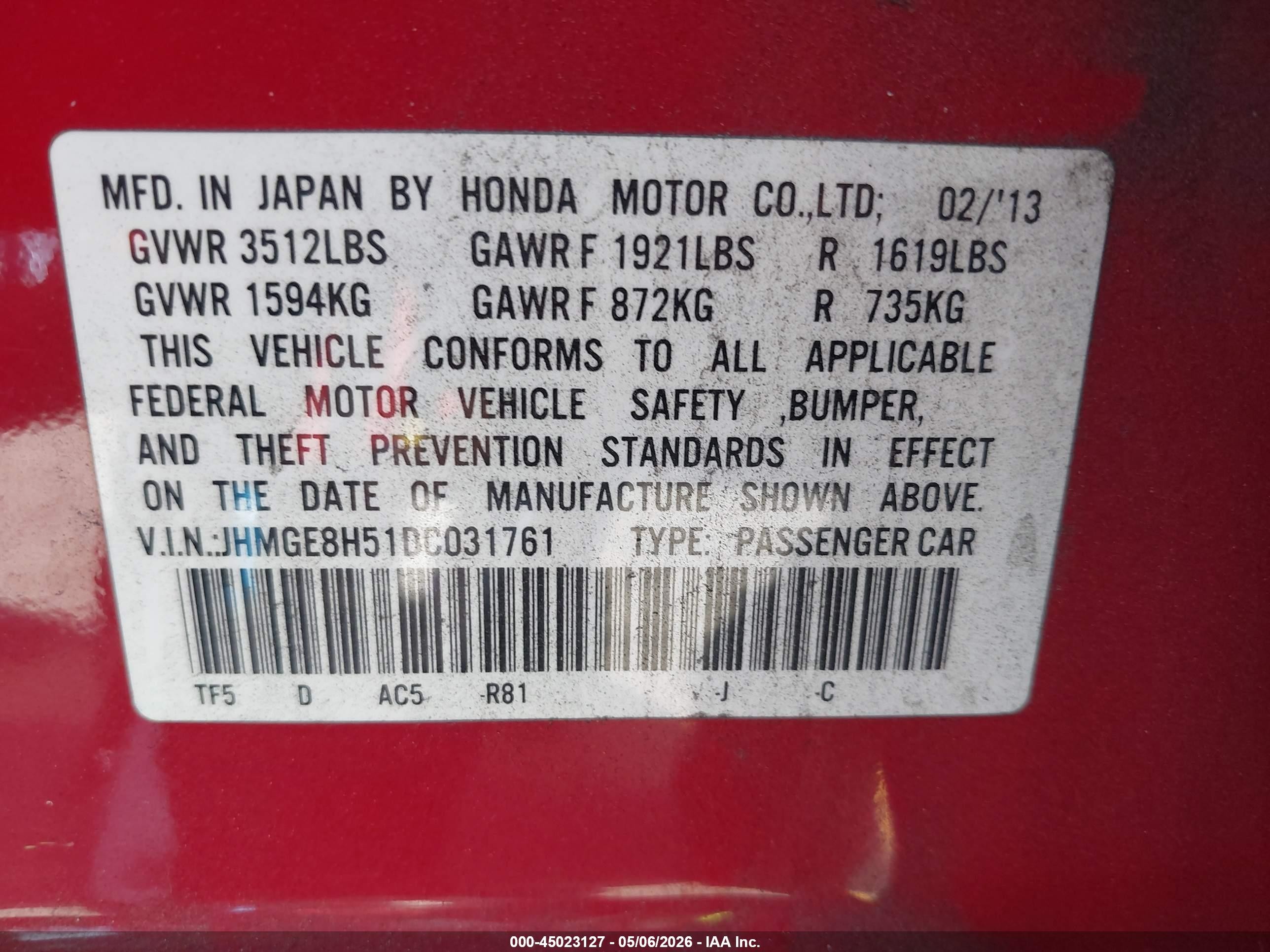2013 Honda Fit Sport Красный vin: JHMGE8H51DC031761