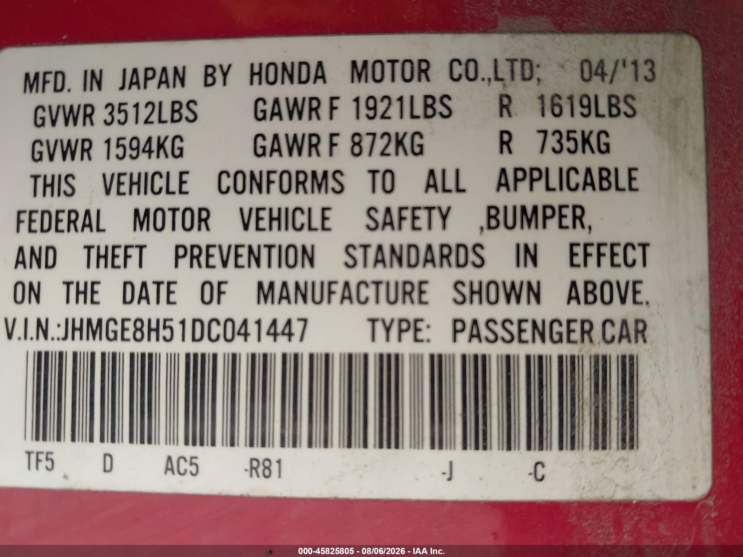 2013 Honda Fit Sport Red vin: JHMGE8H51DC041447
