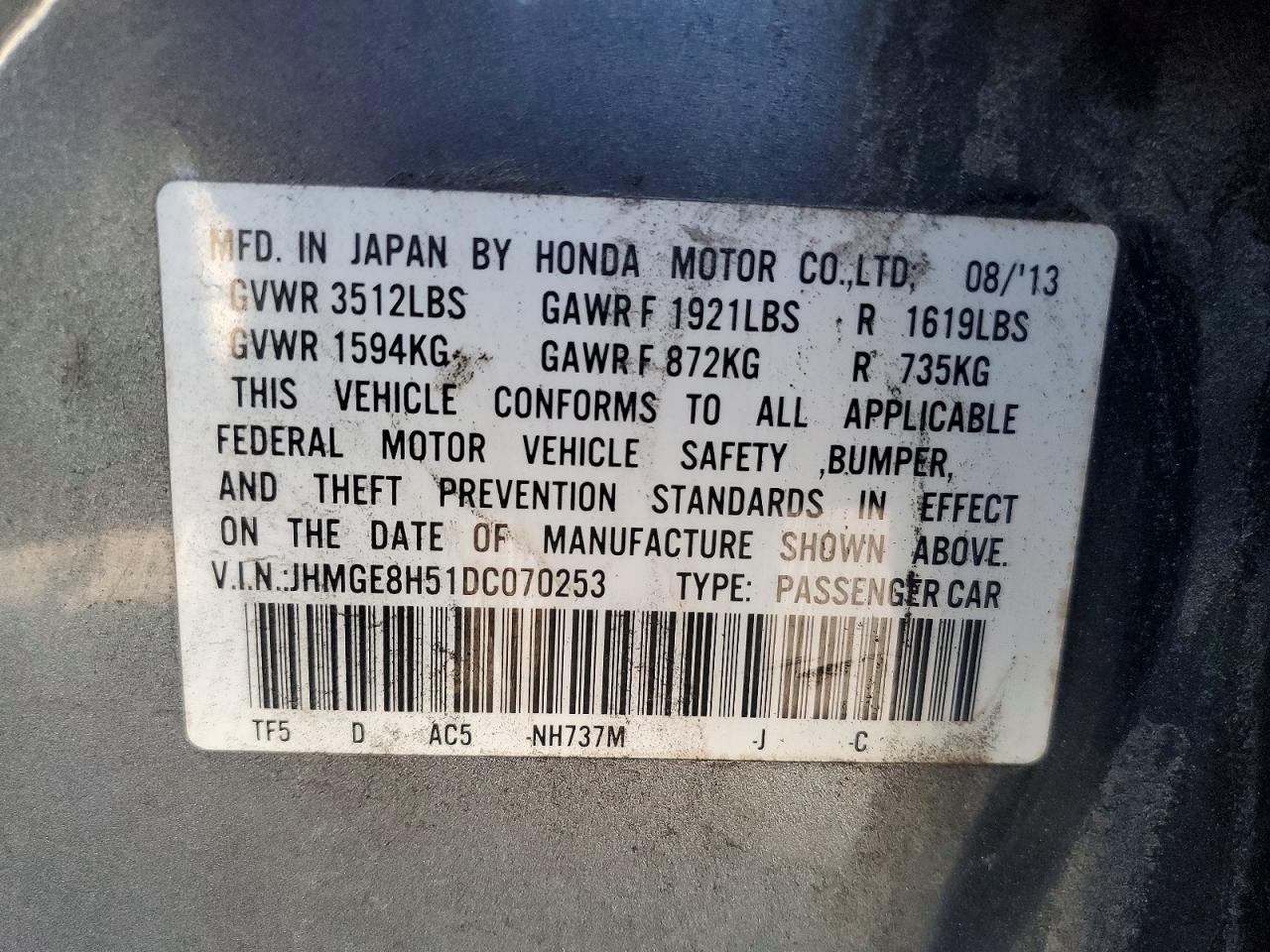 2013 Honda Fit Sport Gray vin: JHMGE8H51DC070253