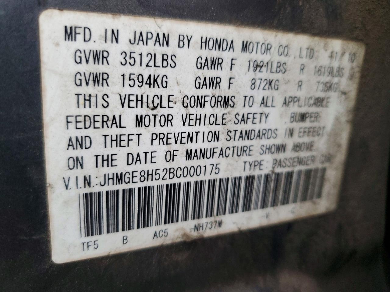 2011 Honda Fit Sport Gray vin: JHMGE8H52BC000175