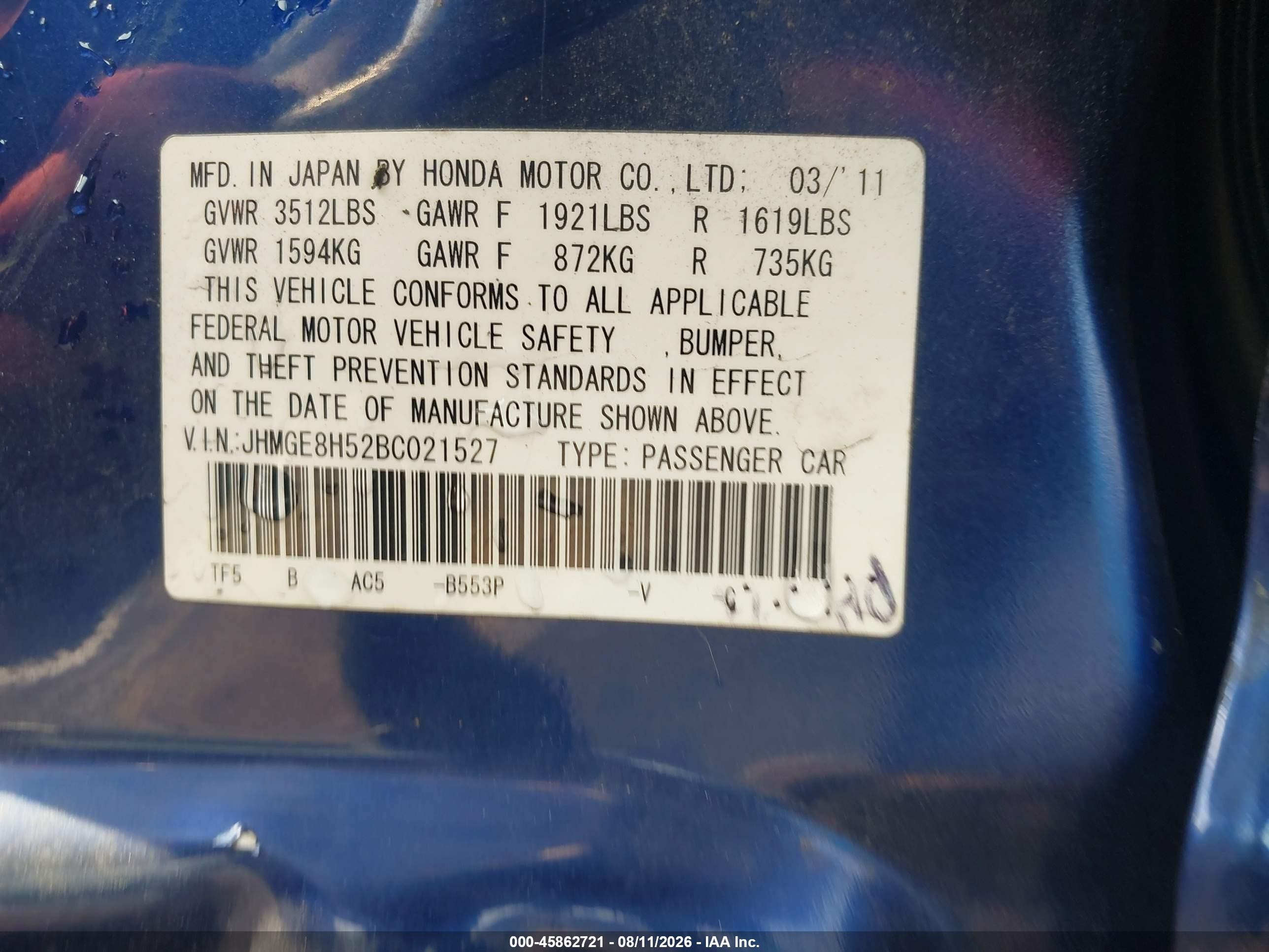 2011 Honda Fit Sport Blue vin: JHMGE8H52BC021527