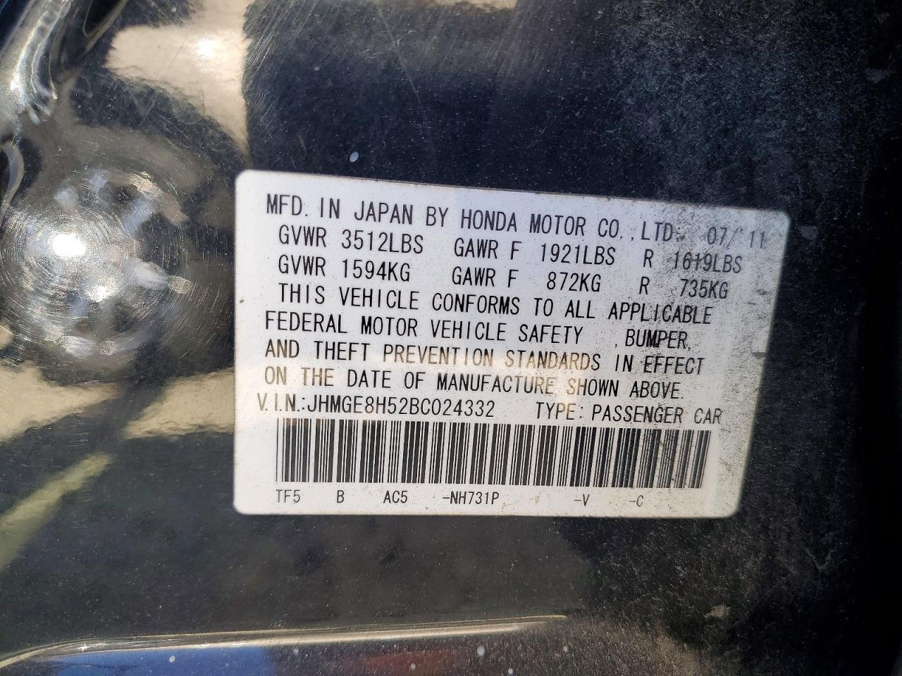 2011 Honda Fit Sport Black vin: JHMGE8H52BC024332
