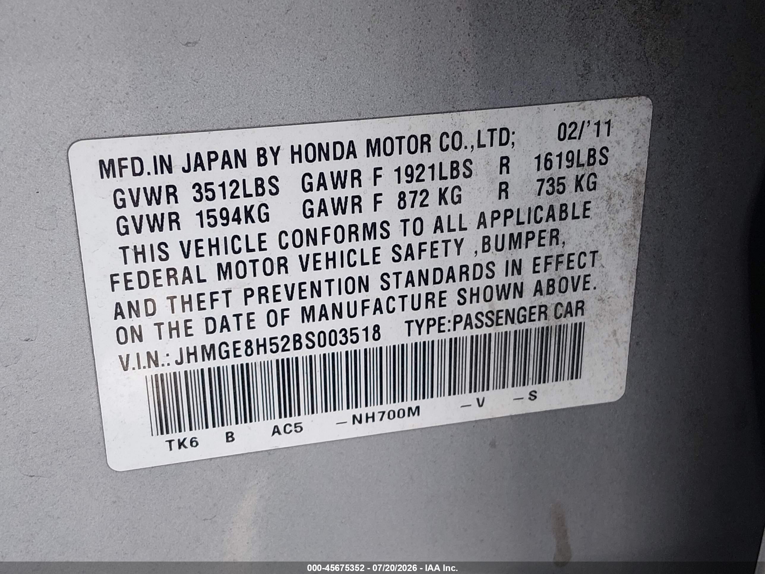 2011 Honda Fit Sport Gray vin: JHMGE8H52BS003518