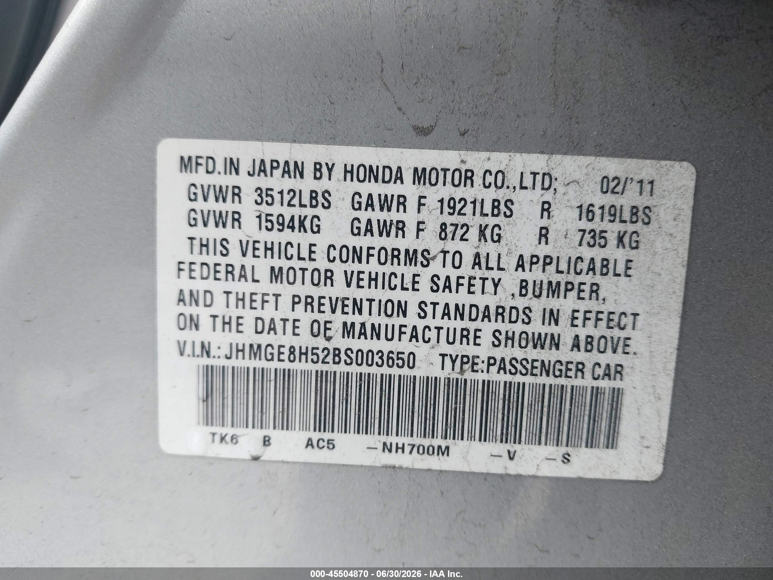 2011 Honda Fit Sport Gray vin: JHMGE8H52BS003650