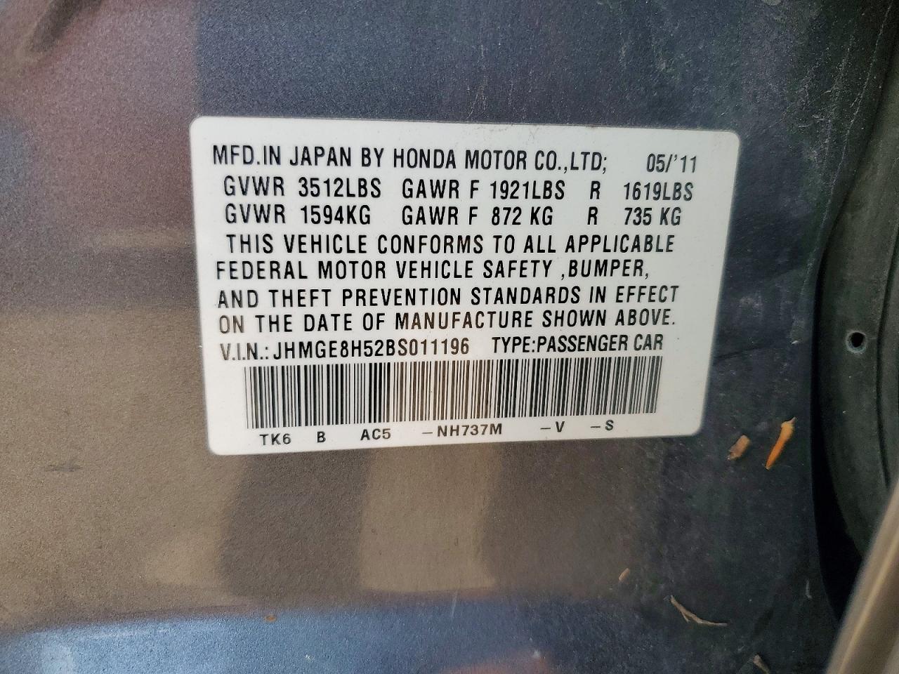 2011 Honda Fit Sport Charcoal vin: JHMGE8H52BS011196