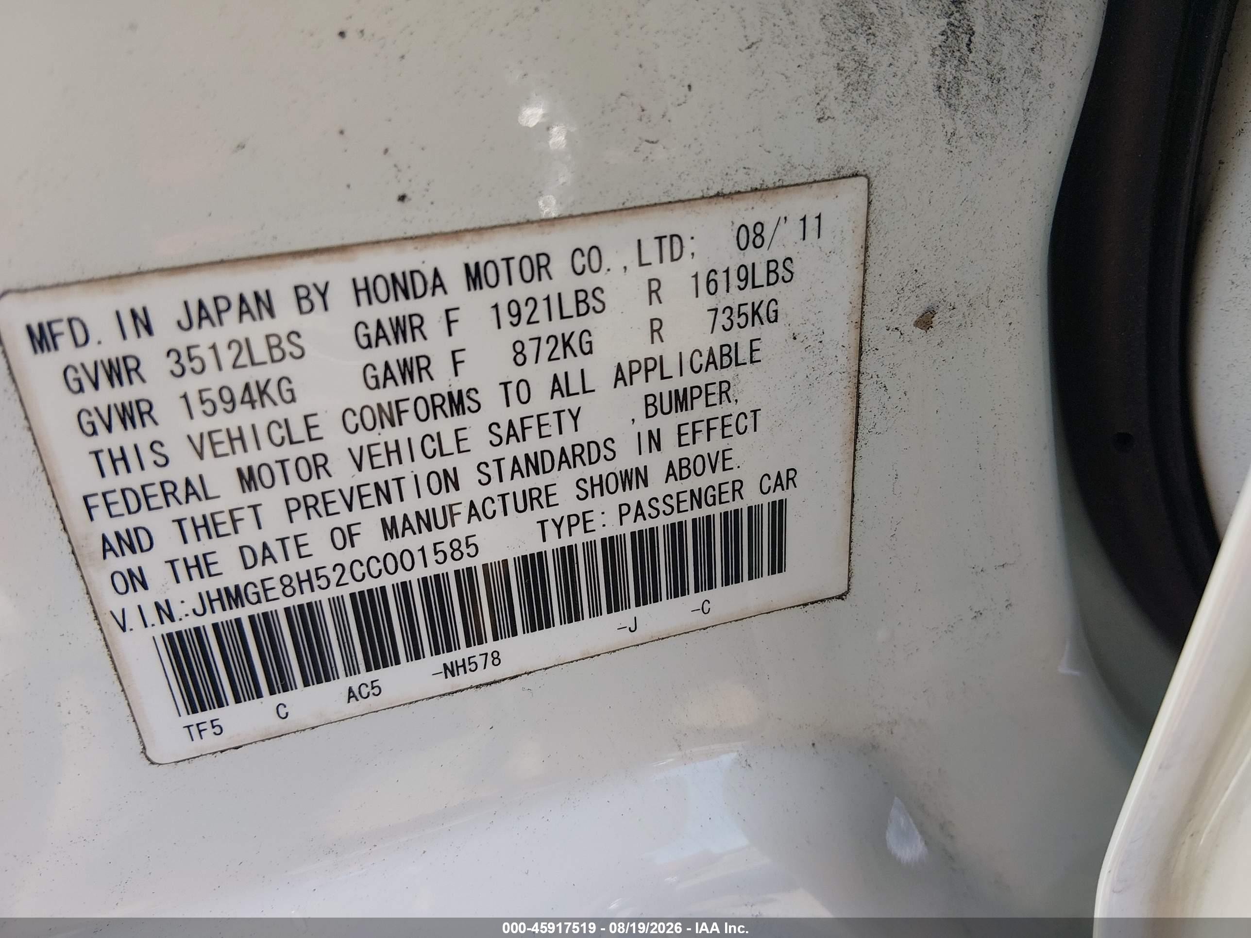 2012 Honda Fit Sport White vin: JHMGE8H52CC001585