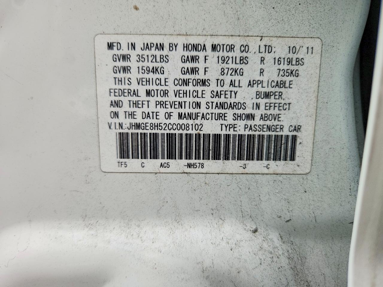 2012 Honda Fit Sport White vin: JHMGE8H52CC008102