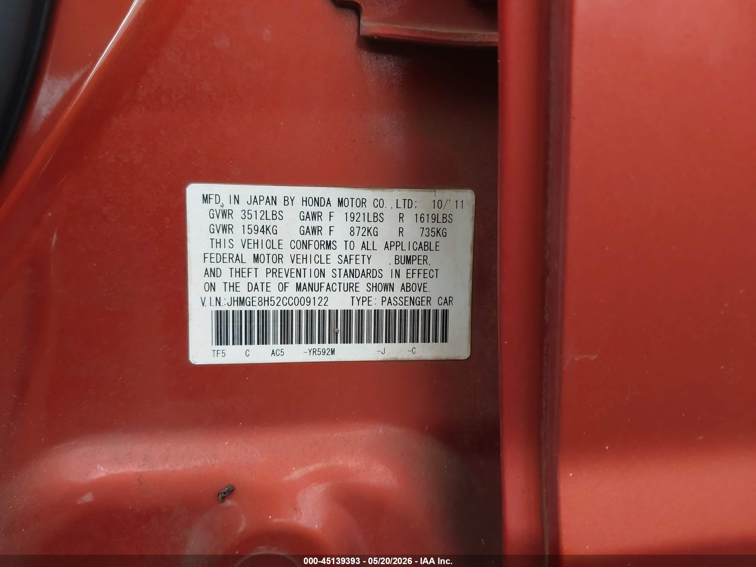 2012 Honda Fit Sport Orange vin: JHMGE8H52CC009122