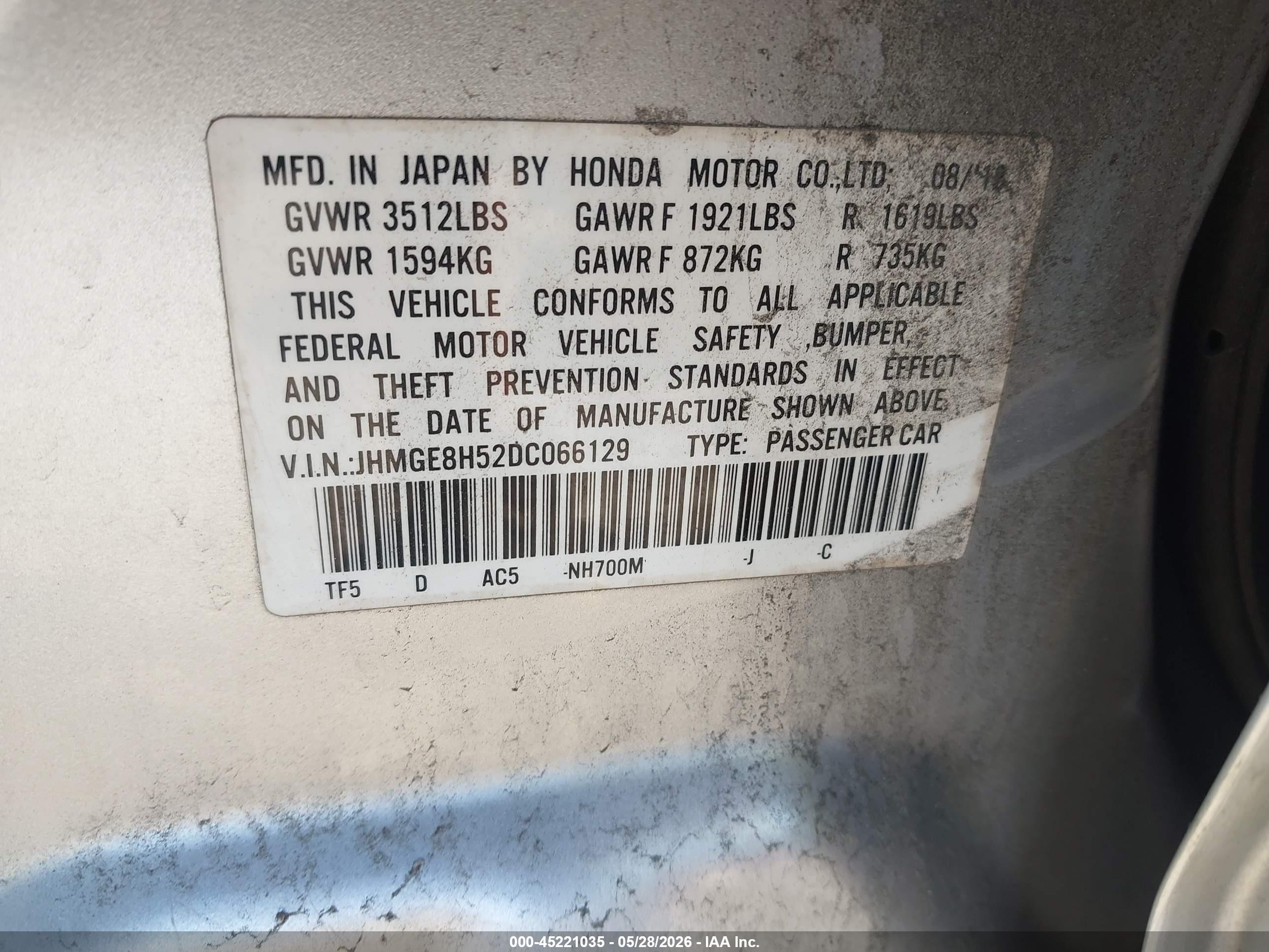 2013 Honda Fit Sport Серый vin: JHMGE8H52DC066129