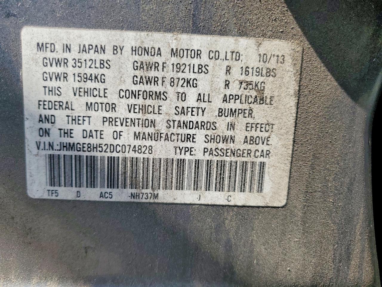 2013 Honda Fit Sport Gray vin: JHMGE8H52DC074828
