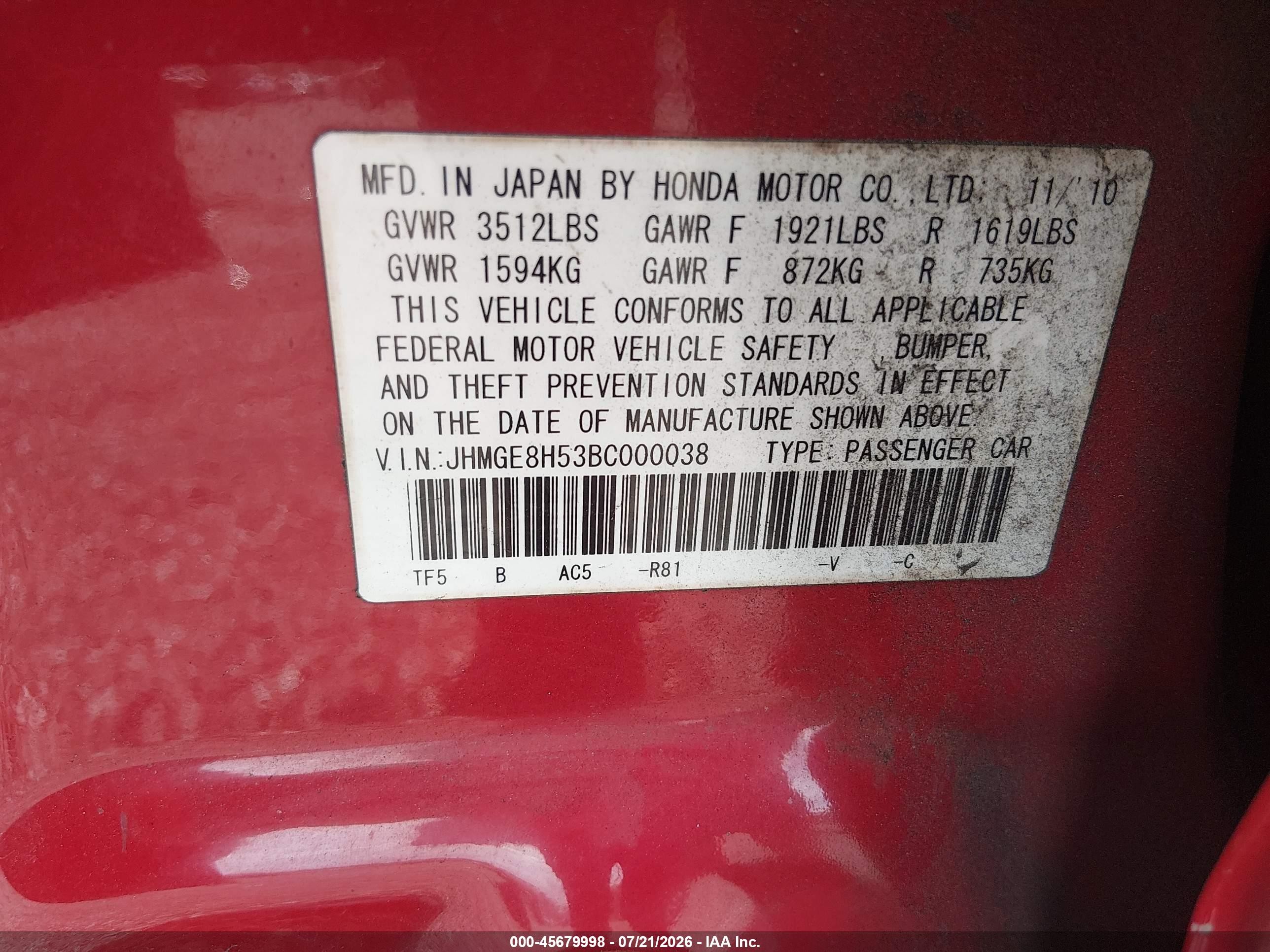 2011 Honda Fit Sport Red vin: JHMGE8H53BC000038