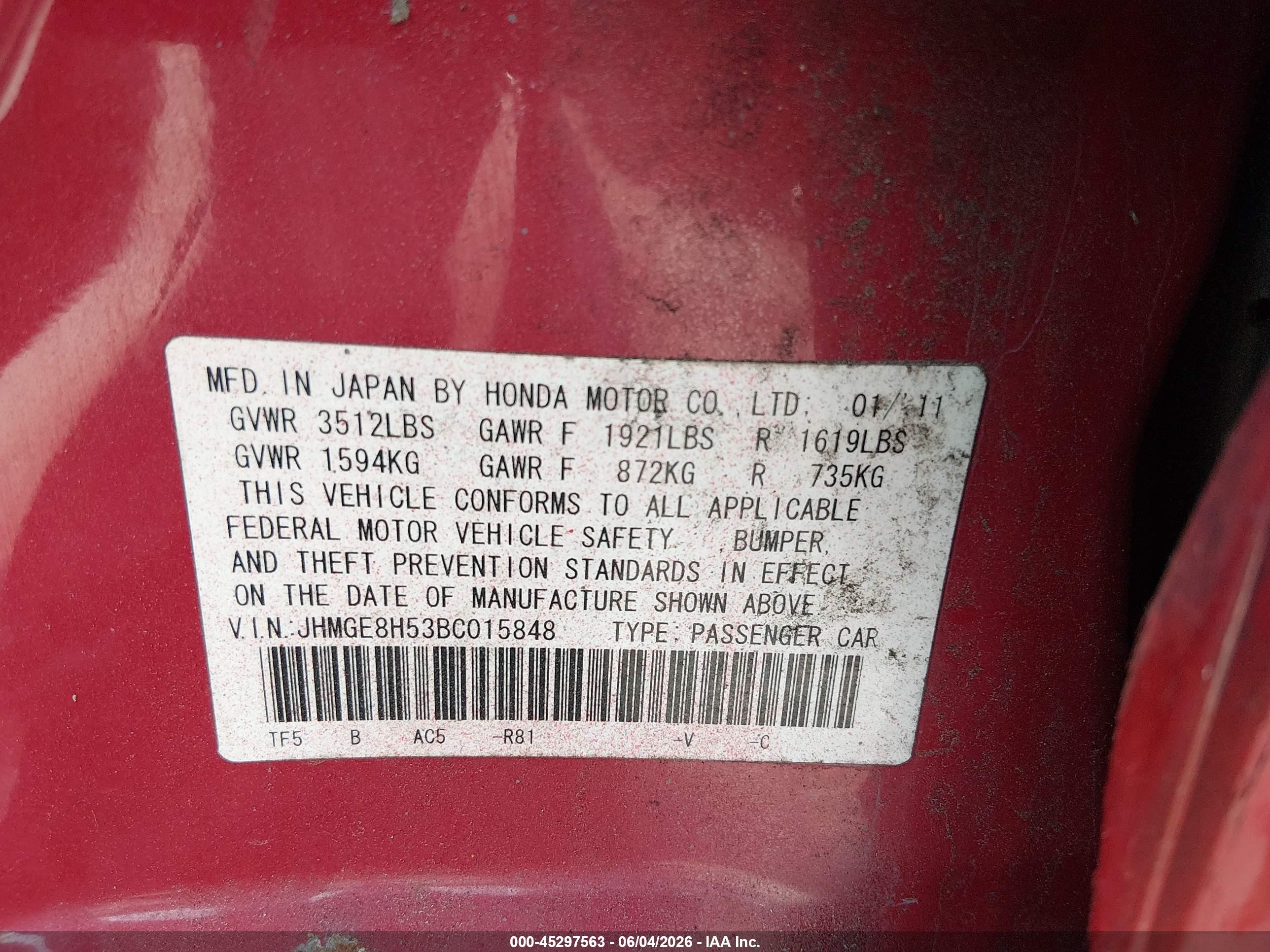 2011 Honda Fit Sport Red vin: JHMGE8H53BC015848