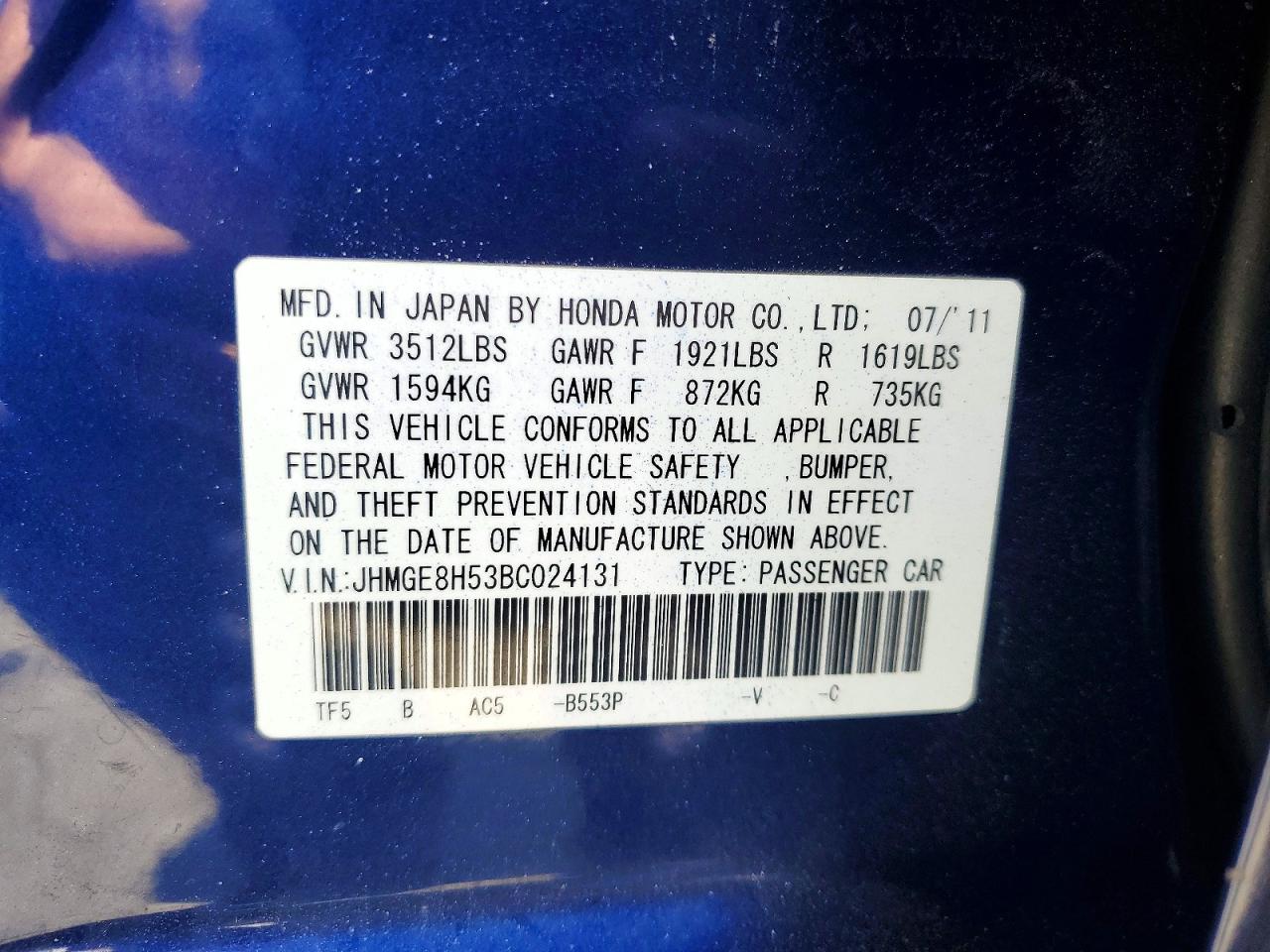 2011 Honda Fit Sport Синий vin: JHMGE8H53BC024131