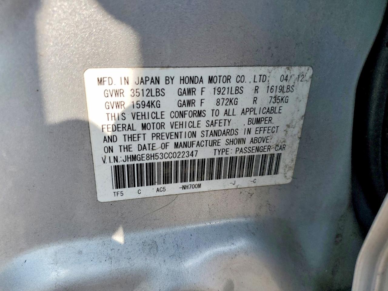 2012 Honda Fit Sport Silver vin: JHMGE8H53CC022347