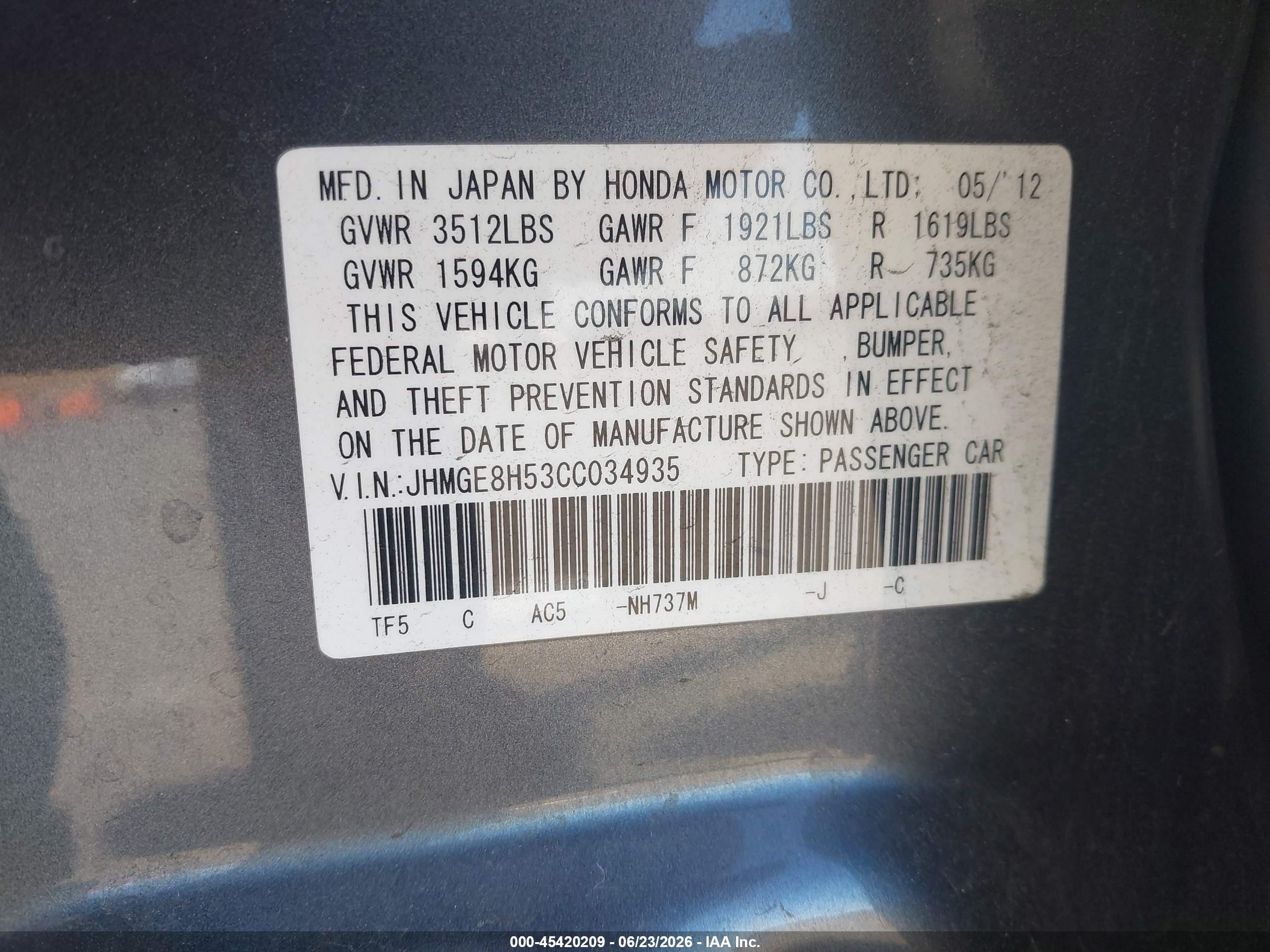 2012 Honda Fit Sport Gray vin: JHMGE8H53CC034935