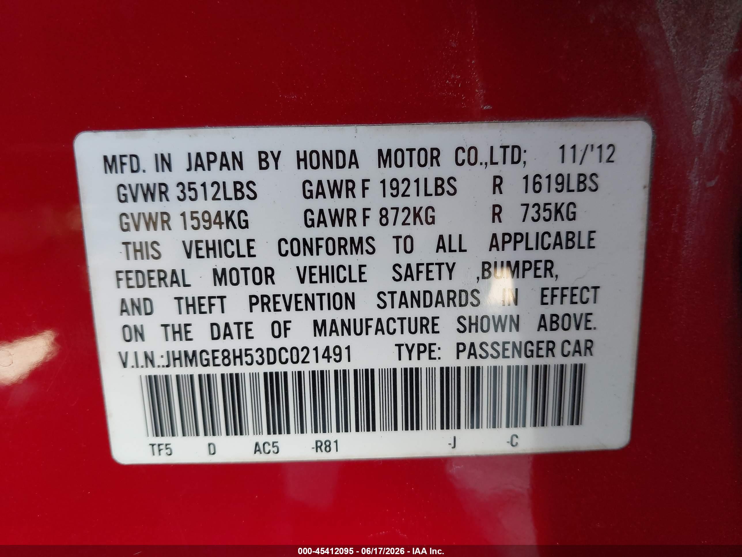 2013 Honda Fit Sport Red vin: JHMGE8H53DC021491
