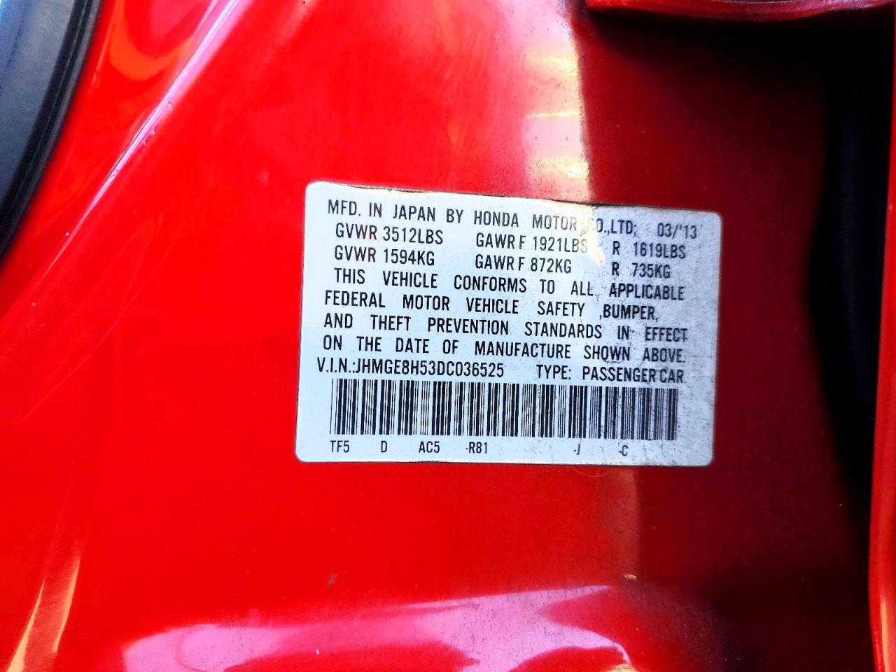 2013 Honda Fit Sport Red vin: JHMGE8H53DC036525